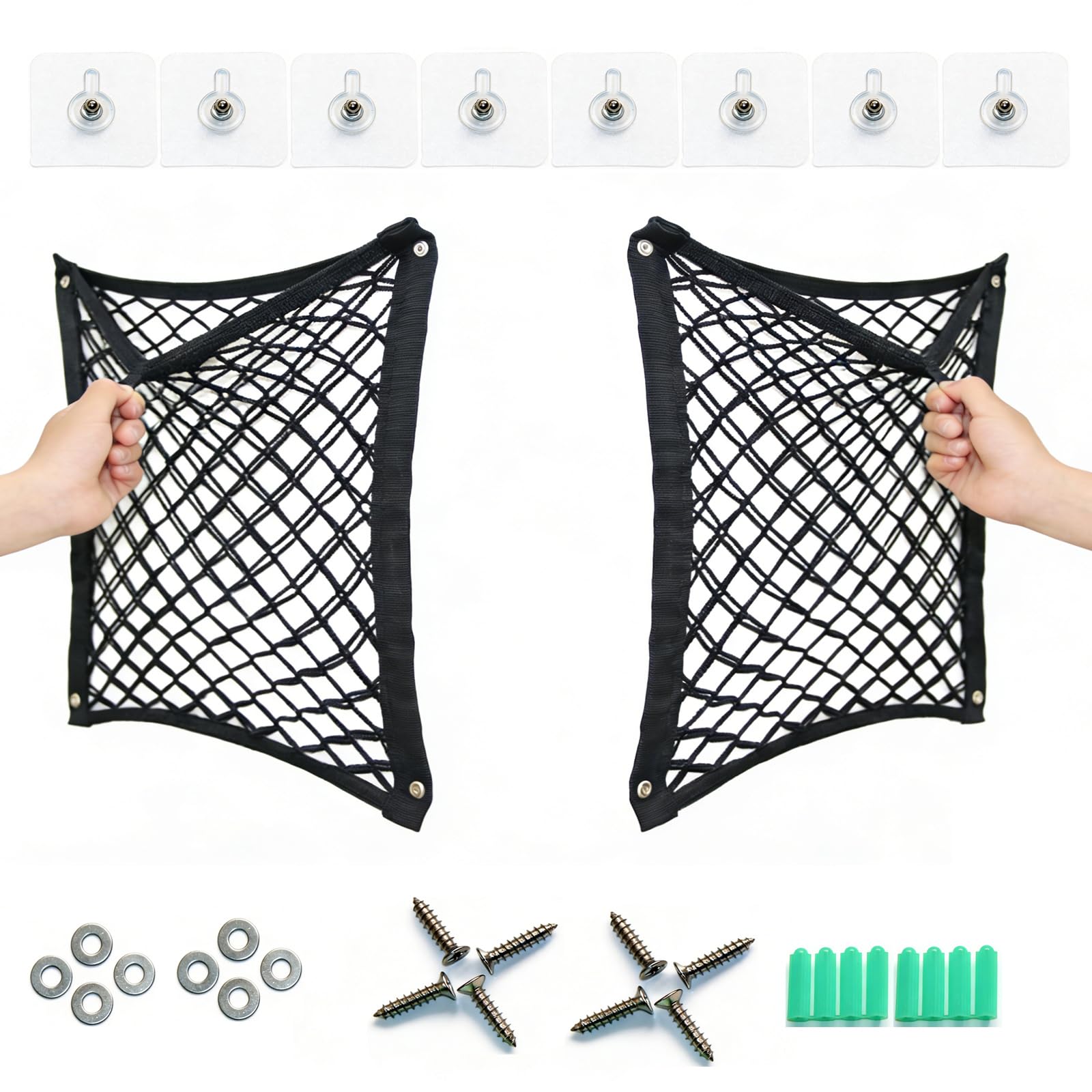 Robusta rete organizer con 4 occhielli in metallo, montaggio a 3 scomparti per camper, barca e casa, poliestere elastico, 40 x 40 cm, portata fino a 30 kg, colore: nero