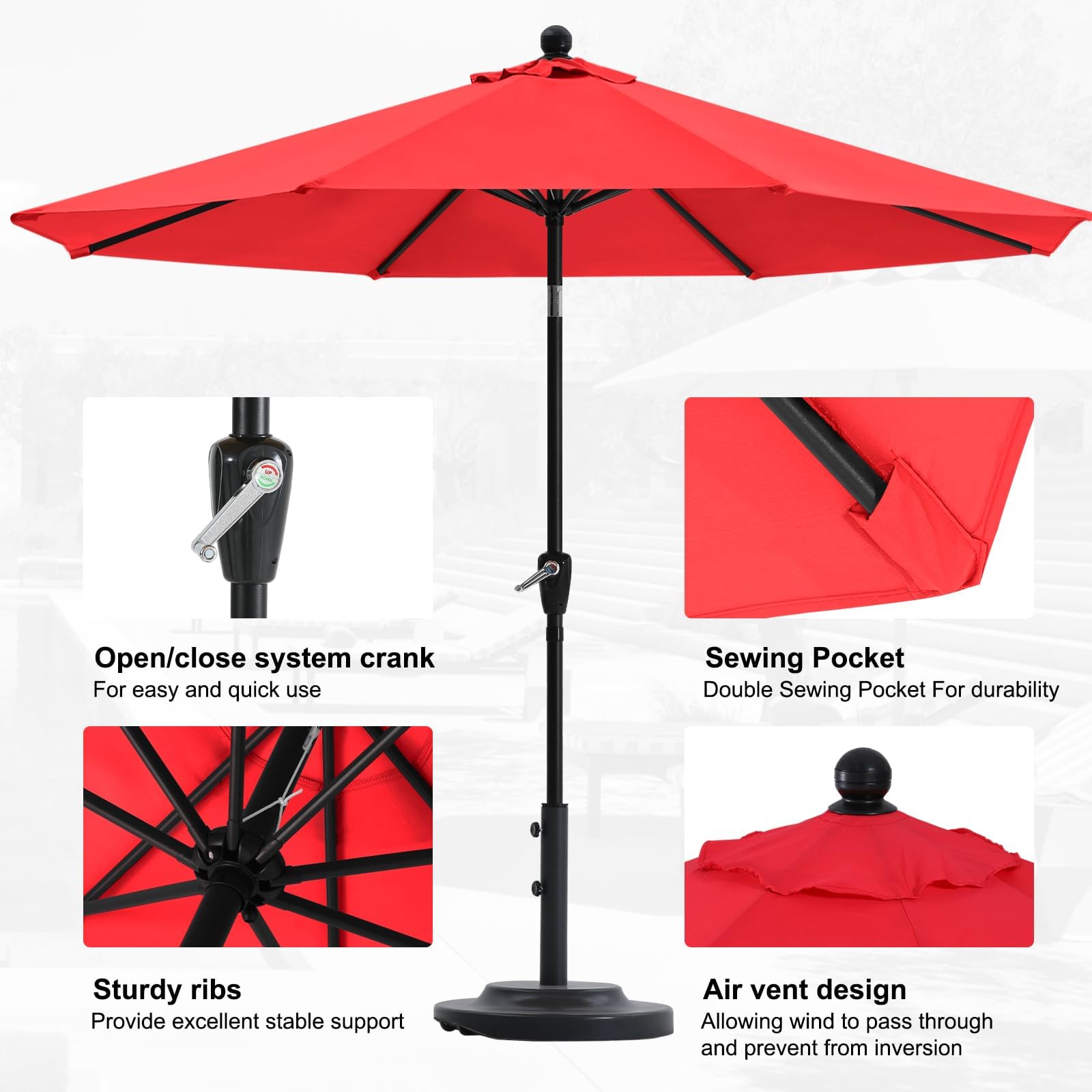 ABCCANOPY Sonnenschirm 8 Rippen wasserdicht UV50+, Rot 230cm | Wetterfester Gartenschirm