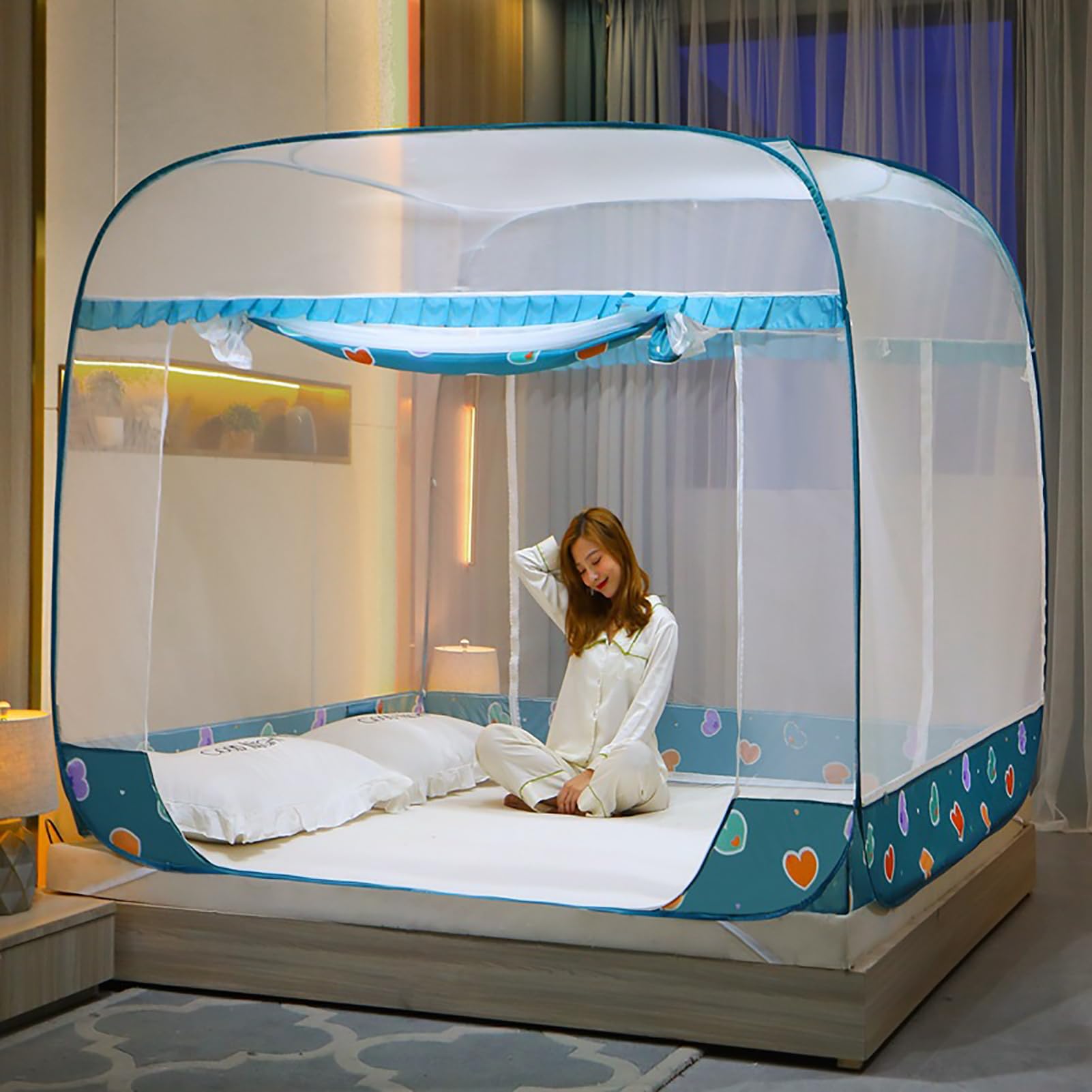 Zanzariera Portatile Letto A Baldacchino Pop Up Pieghevole Doppia Porta Facile da Installare con Zanzariera Pop Up Inferiore per Letto Campeggio Viaggi Casa All'aperto,B,180x200cm