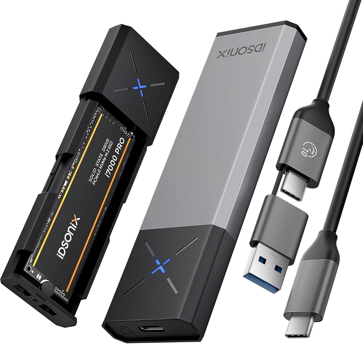 iDsonix Adaptateur de boîtier SSD M.2 [NVMe & SATA] [Sans outil] [Aluminium], NVMe vers USB 3.2 Gen 2 10 Gbit/s, M.2 vers USB C&A prend en charge M-Key/B+M, avec garniture UASP pour SSD