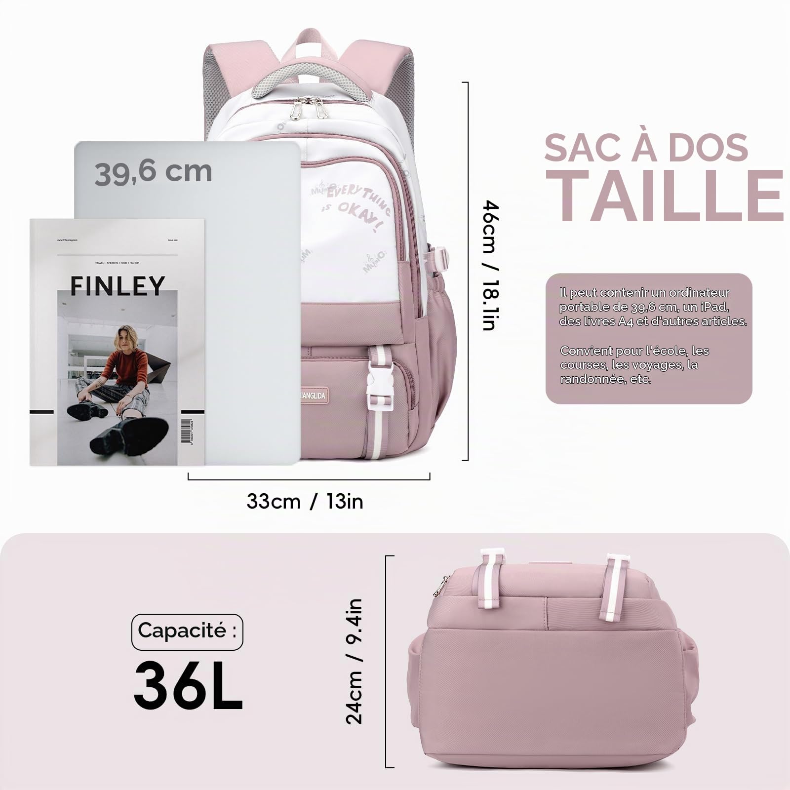 Amythe Sac à Dos pour Filles Garçons Primaire et Collège - 36 Litres Cartable Élégant et Léger pour Adolescents de 10 à 22 ans - Sac Ecole Loisir pour l'École et les Voyages