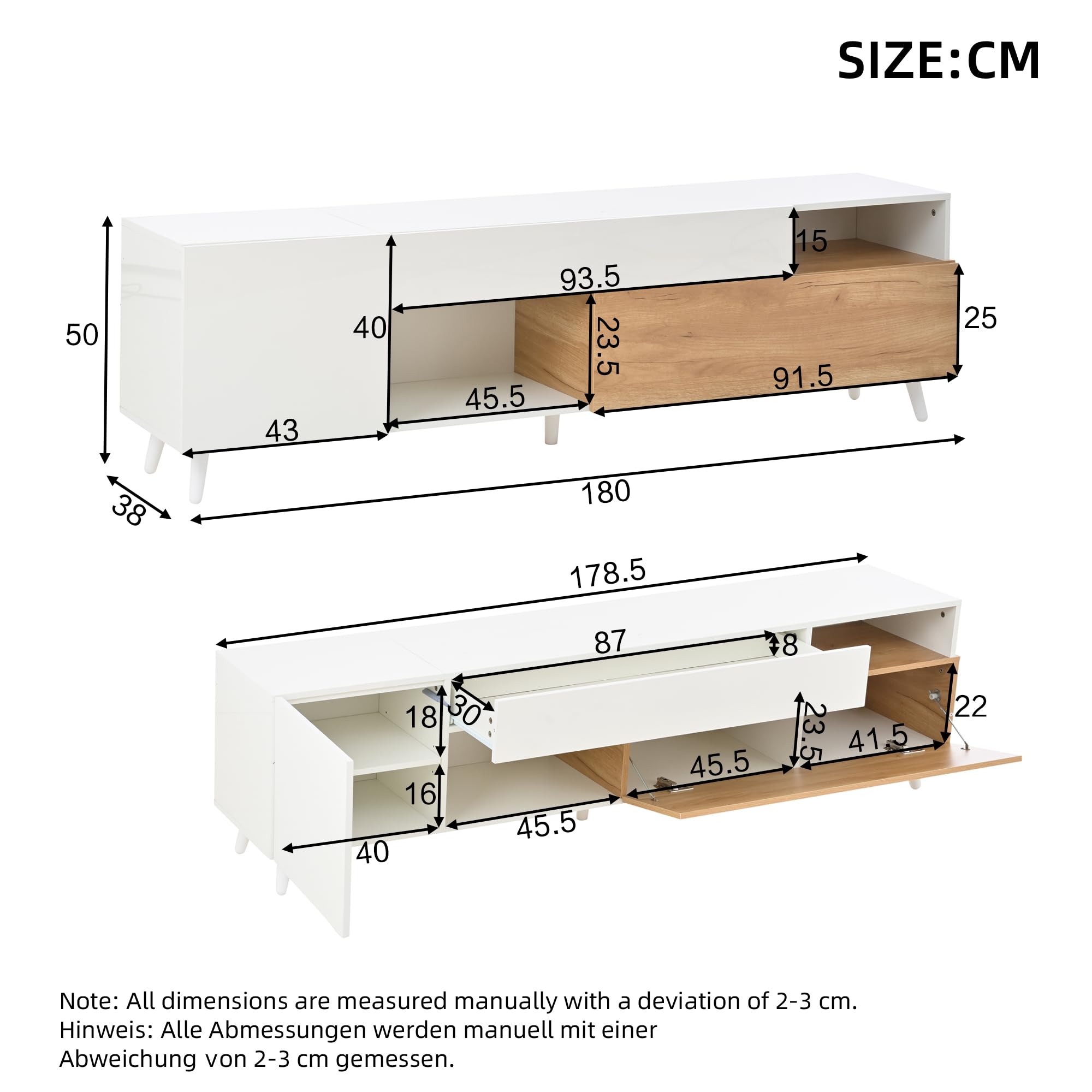 Merax TV Schrank, Hochglanz-TV-Lowboard, Moderner Fernsehtisch mit 2 Türen, 1 Schublade, Offene Regale, TV Ständer für Fernseher bis zu 75 Zoll, für Esszimmer, Wohnzimmer, 180cm, Weiß & Holzfarbe