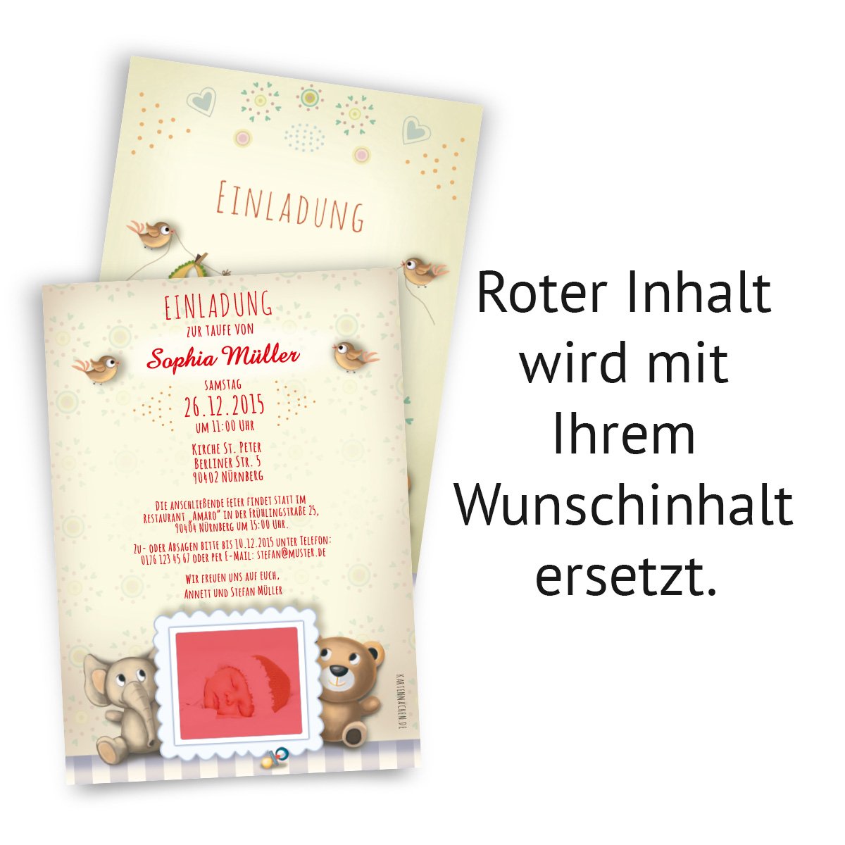 Einladungen zur Taufe (30 Stück) Plüschtier Stofftier Teddybär Einladungskarten mit Foto