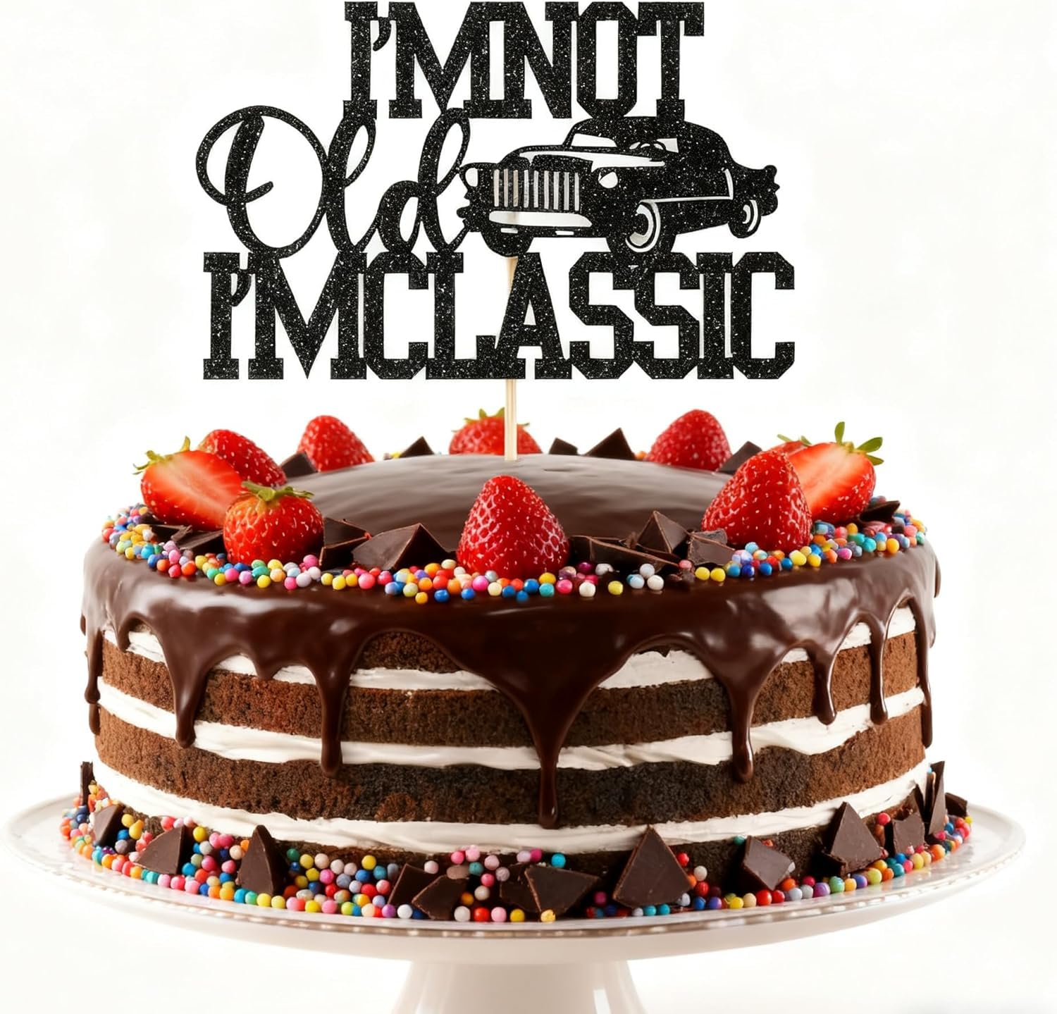 Vintage Car Cake Toppers for Men - Food Grade Cardstock "I'm Not Old I'm Classic" Silhouette Design - Elegant Birthday Party Decorations for Him