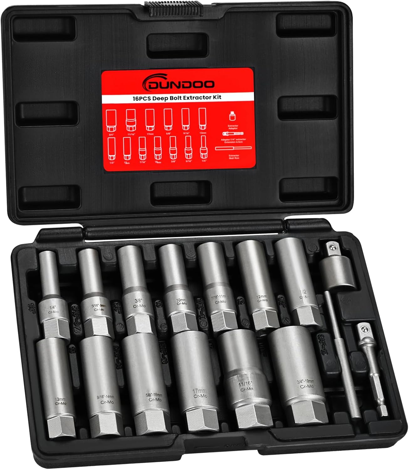 16pcs Bolt Extractor Kit, Stripped Bolt Extractor Set, Deep Long Easy Out Set, Lug Nut Remover Socket Tool for Studs, Damaged, Frozen, Rusted, Rounded-Off Bolts, Nuts