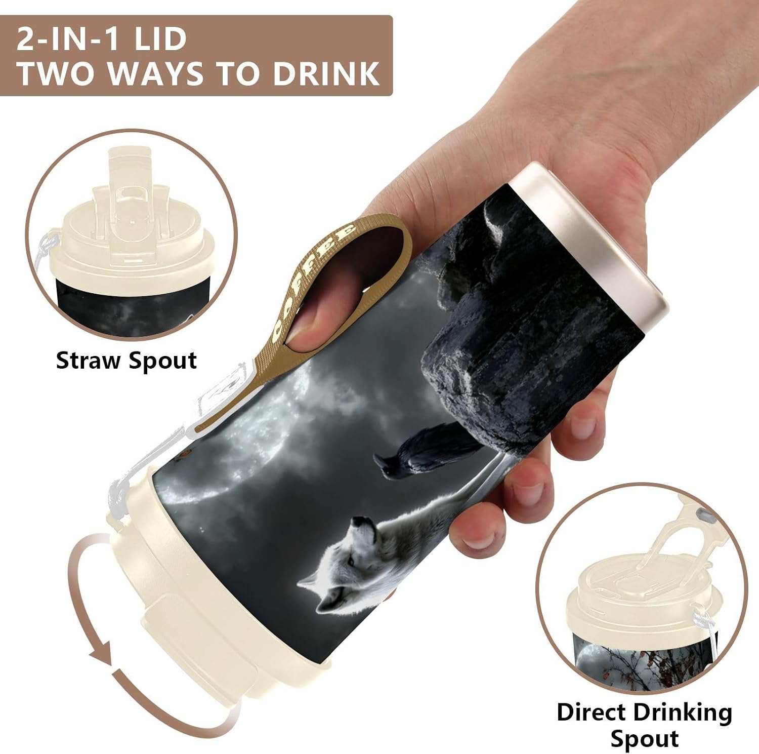 Insulated Coffee Mug Wolf Raven Moon Gothic with Straw & Flip Lid, 16.9oz Iced Tumbler Cup, Double Wall Vacuum Mug for Travel Office Camping