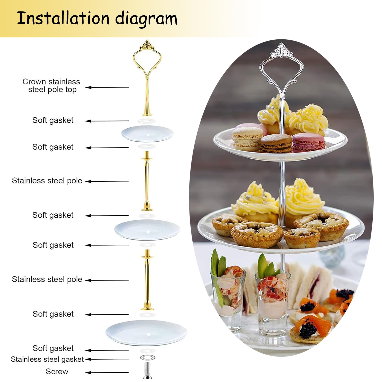 Hotity 8Pcs Gold Cake Stand Set with 15 Base for Large Cakes, 2-Tier & 3-Tier Dessert Stands, Lace Edge Serving Trays – Elegant Display for Wedding, Birthday, Party Décor (Gold