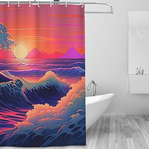 Miniatura 2 de YLATY1875 - Cortina de ducha con diseño de olas de mar azul para baño, juego de cortina de ducha japonesa Ukiyo-e Red Sun Boho, nubes abstractas