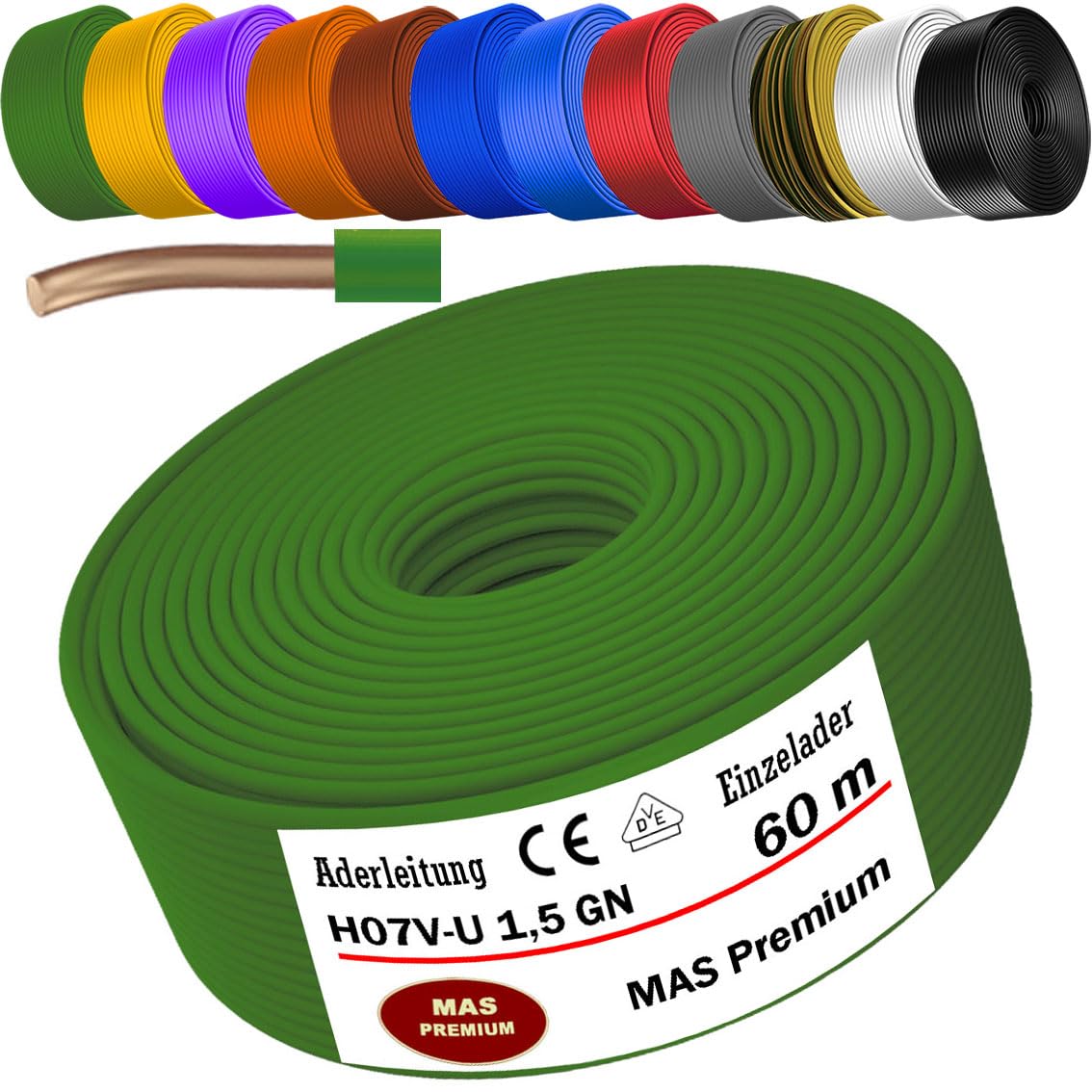 MAS Premium 5-100m Aderleitung Eindrähtig H07 V-U 1,5 2,5 Einzelader starr (H07 V-U 1,5 GN, 60m)