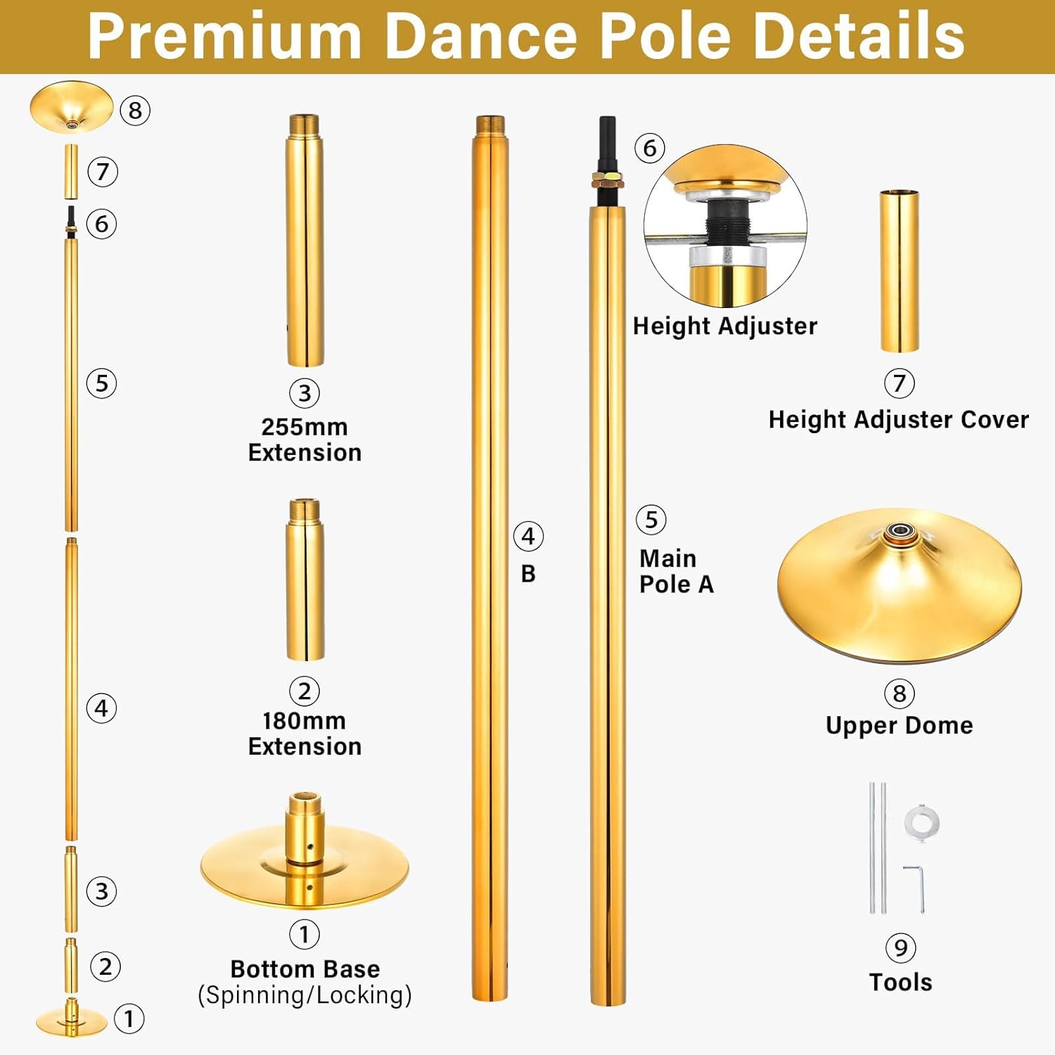 Stripper Pole,Removable 45mm Rotate & Static Dancing Pole Heavy-Duty Steel Pole Dancing Pole, Adjustable Height Professional Grade Excellent for Home Exercise Club Gym(Colorful,Black,Gold)