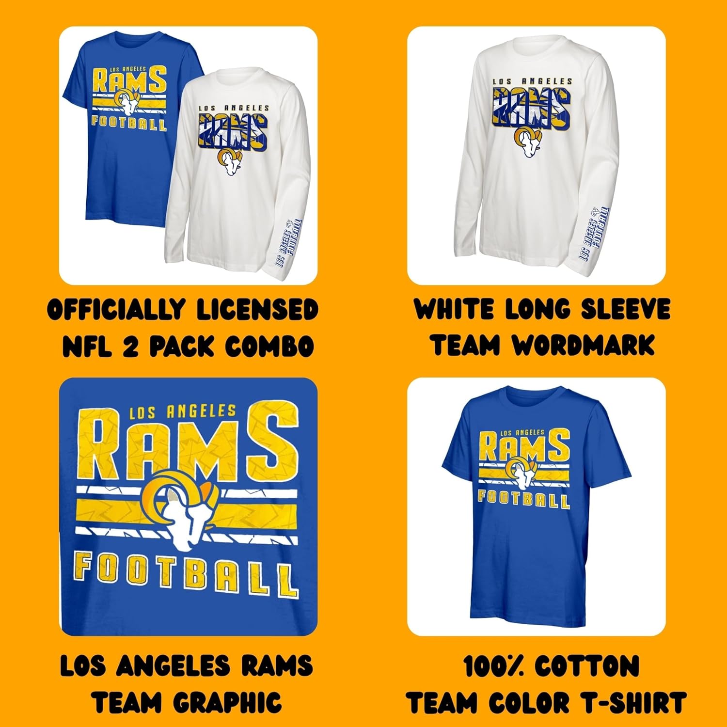 NFL Officially Licensed Kids Youth Boys 8-20 Primary Logo Wordmark in The Mix 2 Pack Long Sleeve T-Shirt Combo Set