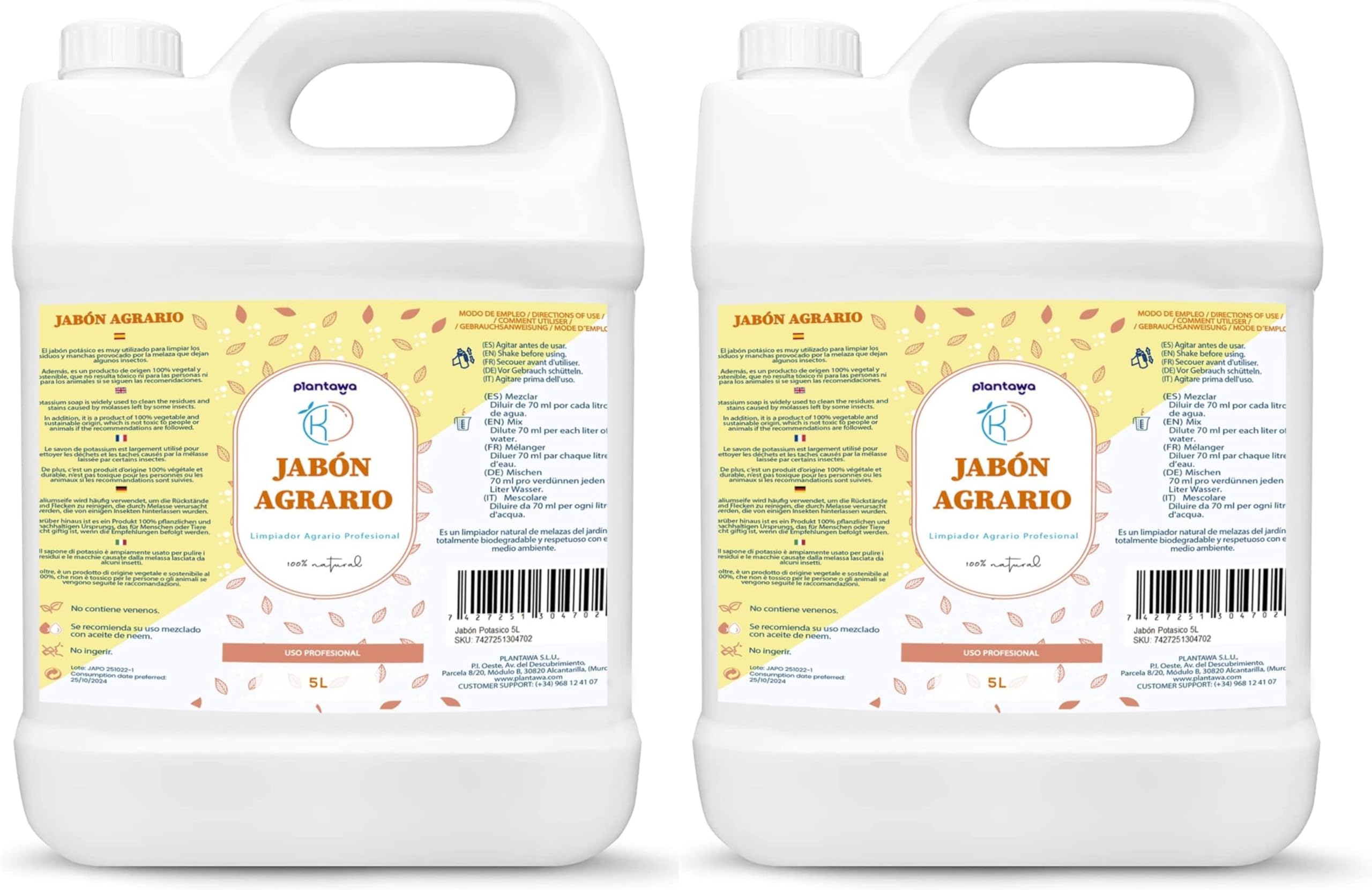 Jabón Potásico 10L (Oferta 5L + 5L) | EL MÁS CONCENTRADO | Para Plantas - Protección: Araña Roja, Pulgón, Cochinilla, Mosca Blanca | Limpiador de Melazas | Prevención Hongos