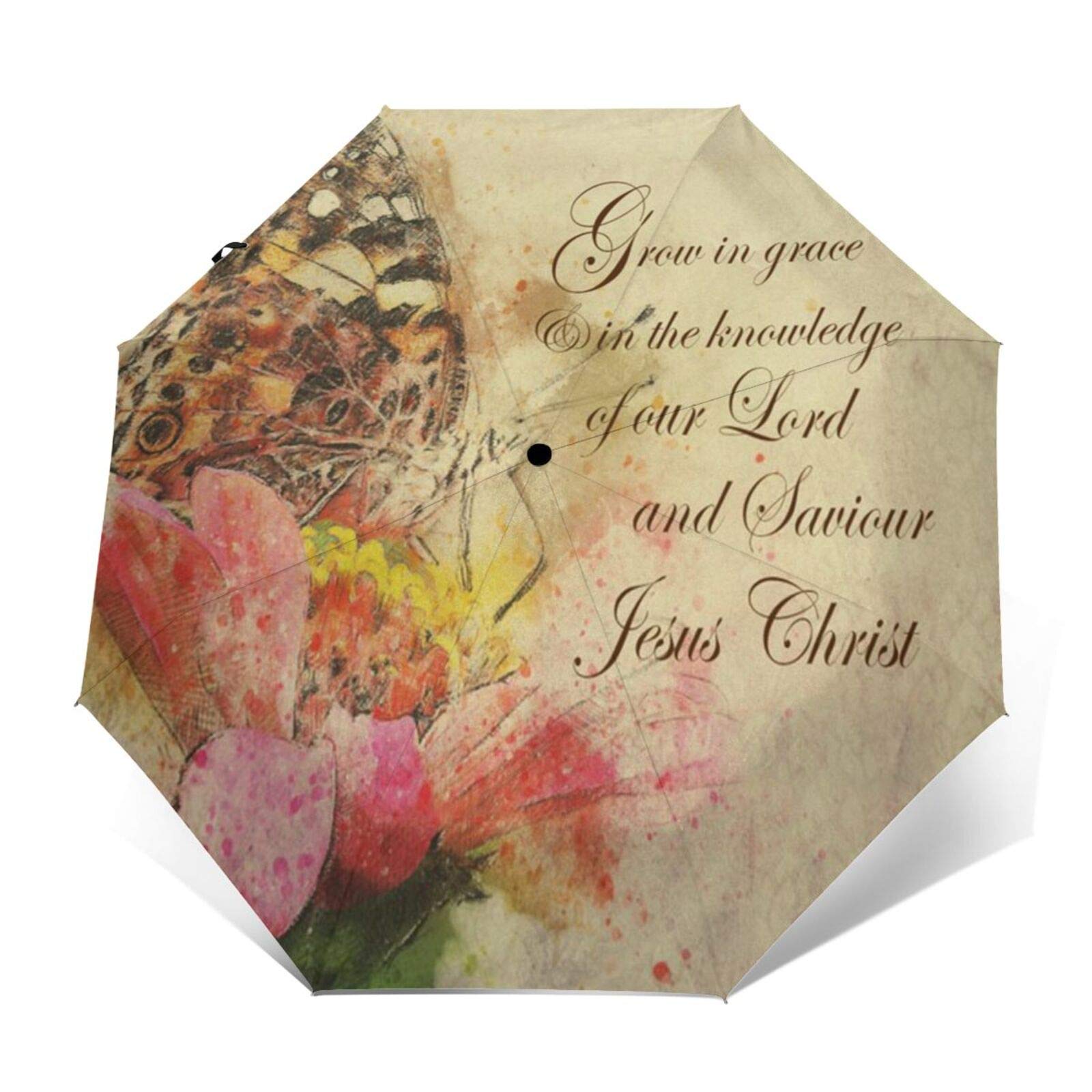 Automatic Folding Umbrellas Outer Print Vintage Butterfly Grow in Grace Bible Verse Portable Travel Umbrella Uv Rain Windproof Compact Auto Open Close