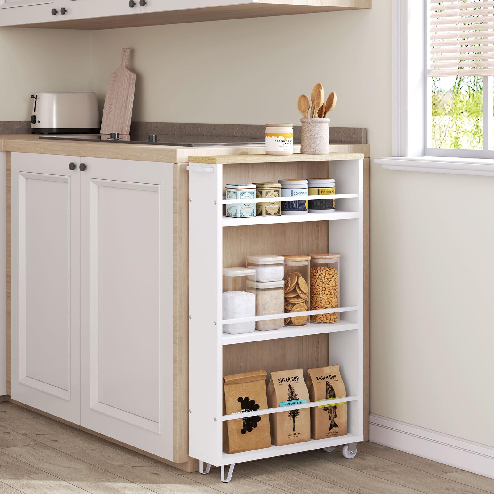 WOLTU Carrito de Cocina con 3 Niveles, Carro Auxiliar Cocina con Ruedas, Estanteria Estrecha de Almacenamje, Madera y Metal, con Frenos y Asa, 47x13x80 cm, Blanco+Roble Claro