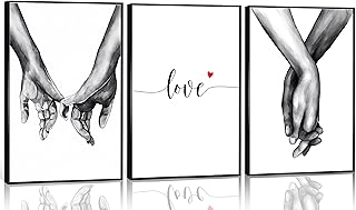 3 Piece Love and Hand in Hand Canvas Wall Art Minimalist Black and White Love Theme Prints Posters Red Heart Romantic e Couples Sketch Art Line Drawing Wall Decor for Home Living Room Bedroom Office Unframed