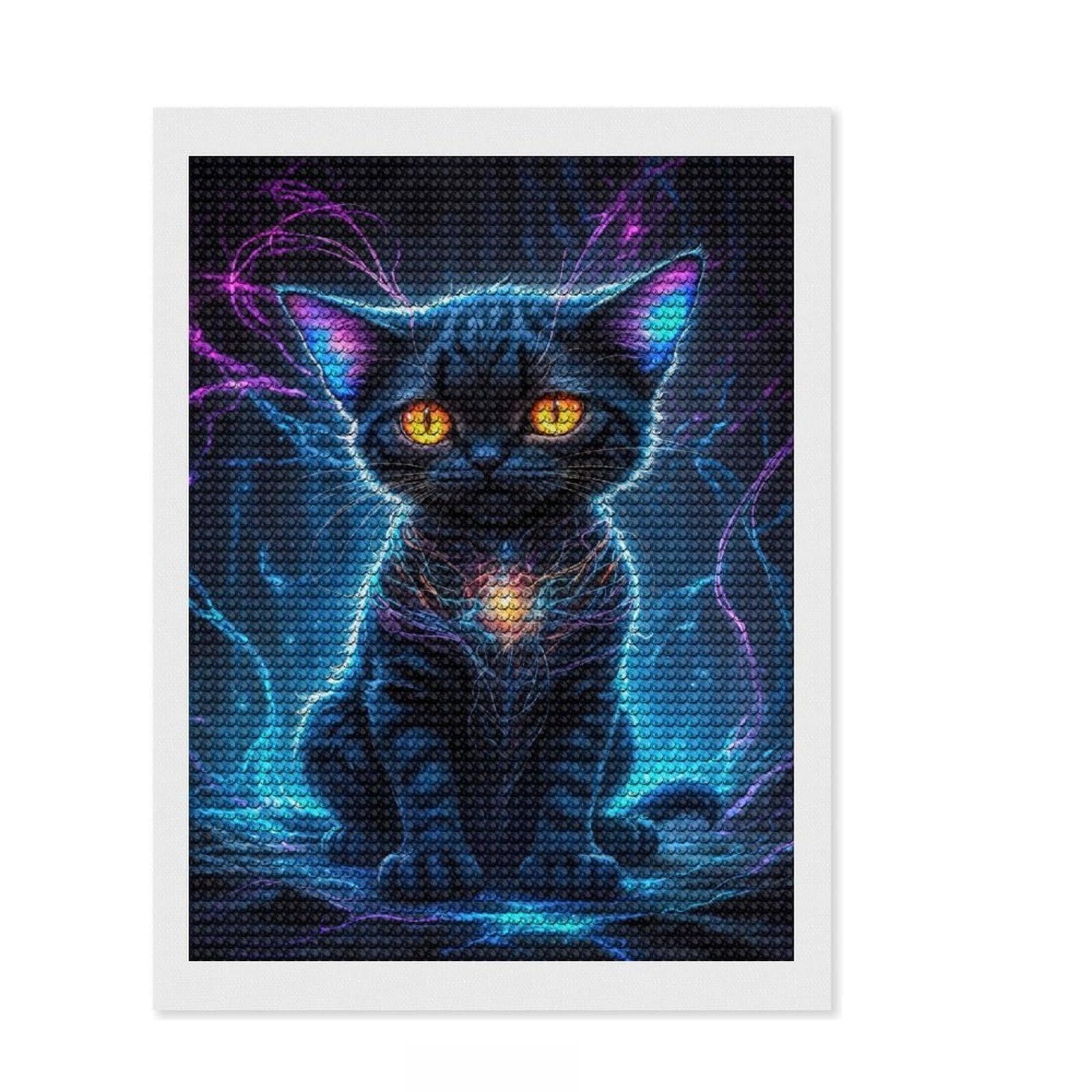 Junmoney Neon Galaxy Kitten Diamond Painting Set 12"x16", with Tool Kit, Aesthetic Room Decor, Vintage Style Decor, Relaxing Handmade Project