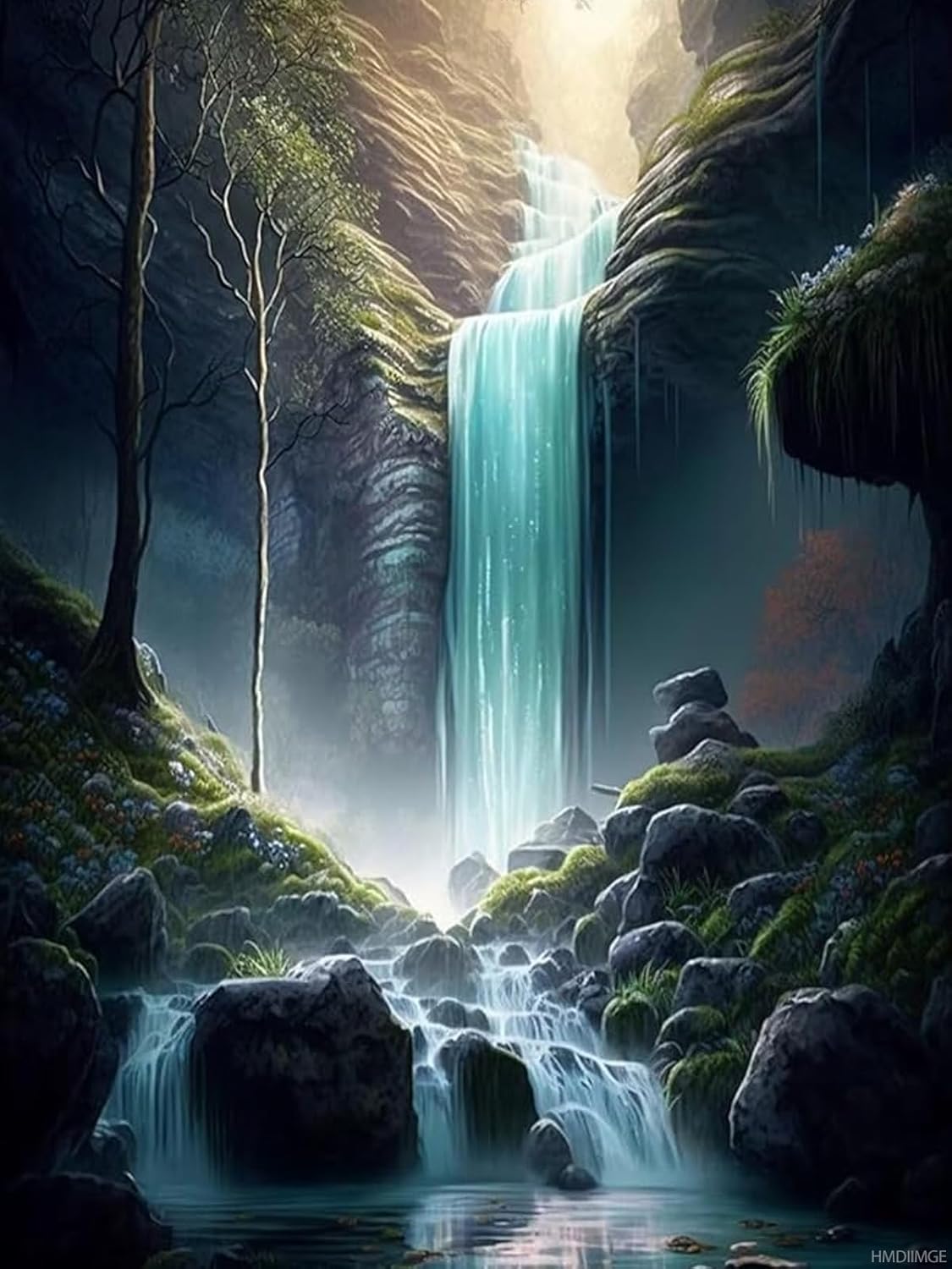 HMDIIMGE 5D Diamond Painting Kit Forest Waterfall Round Full Diamond, DIY Diamond Art Landscape Crystal Rhinestone Cross Stitch Home Office Wall Crafts Decoration 12x16 inches