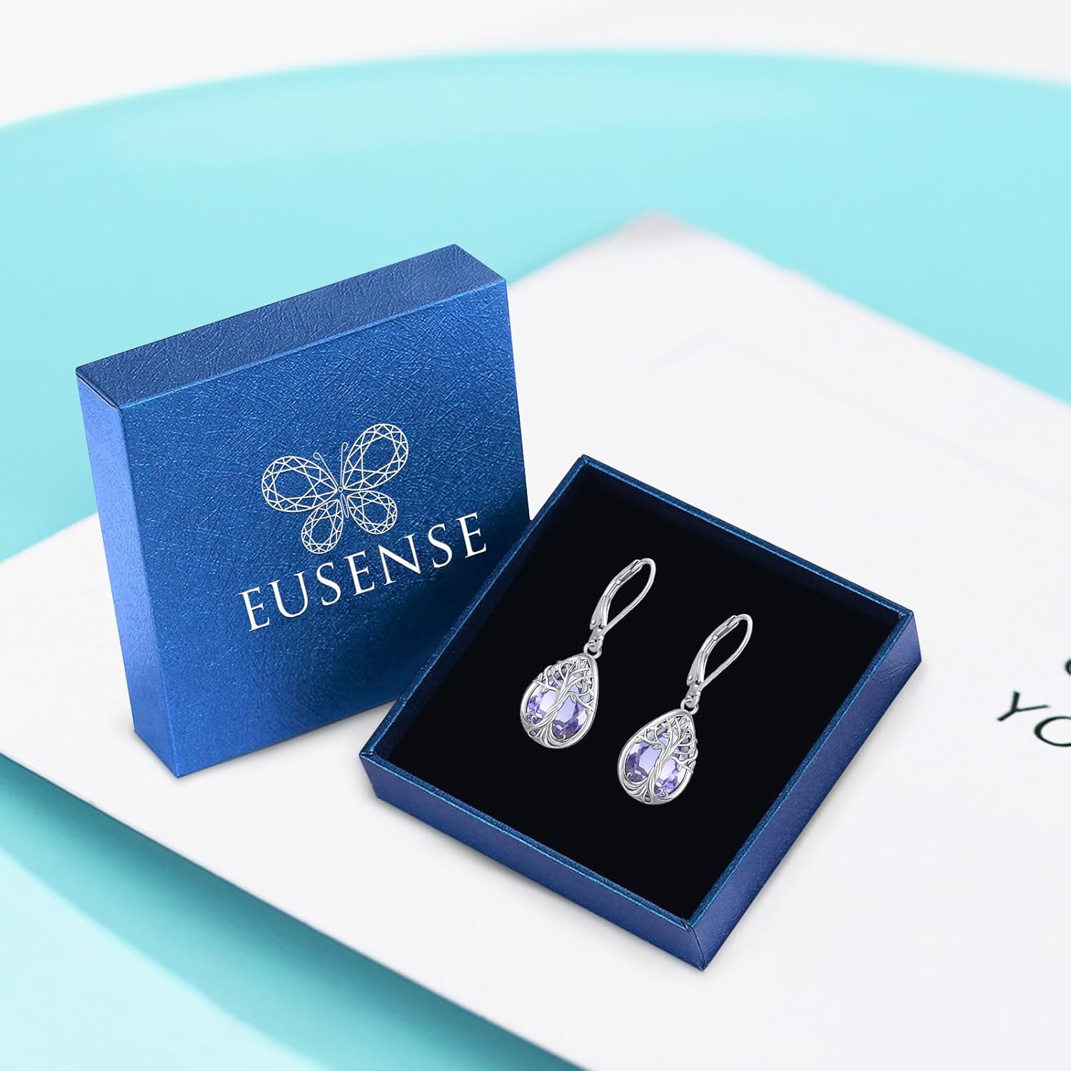 Eusense Birthstone Moonstone Turquoise Teardrop Dangle Earrings for Women Sterling Silver Pear-shaped Stone Tree of Life Animals Leverback Earrings Jewelry - Image 5