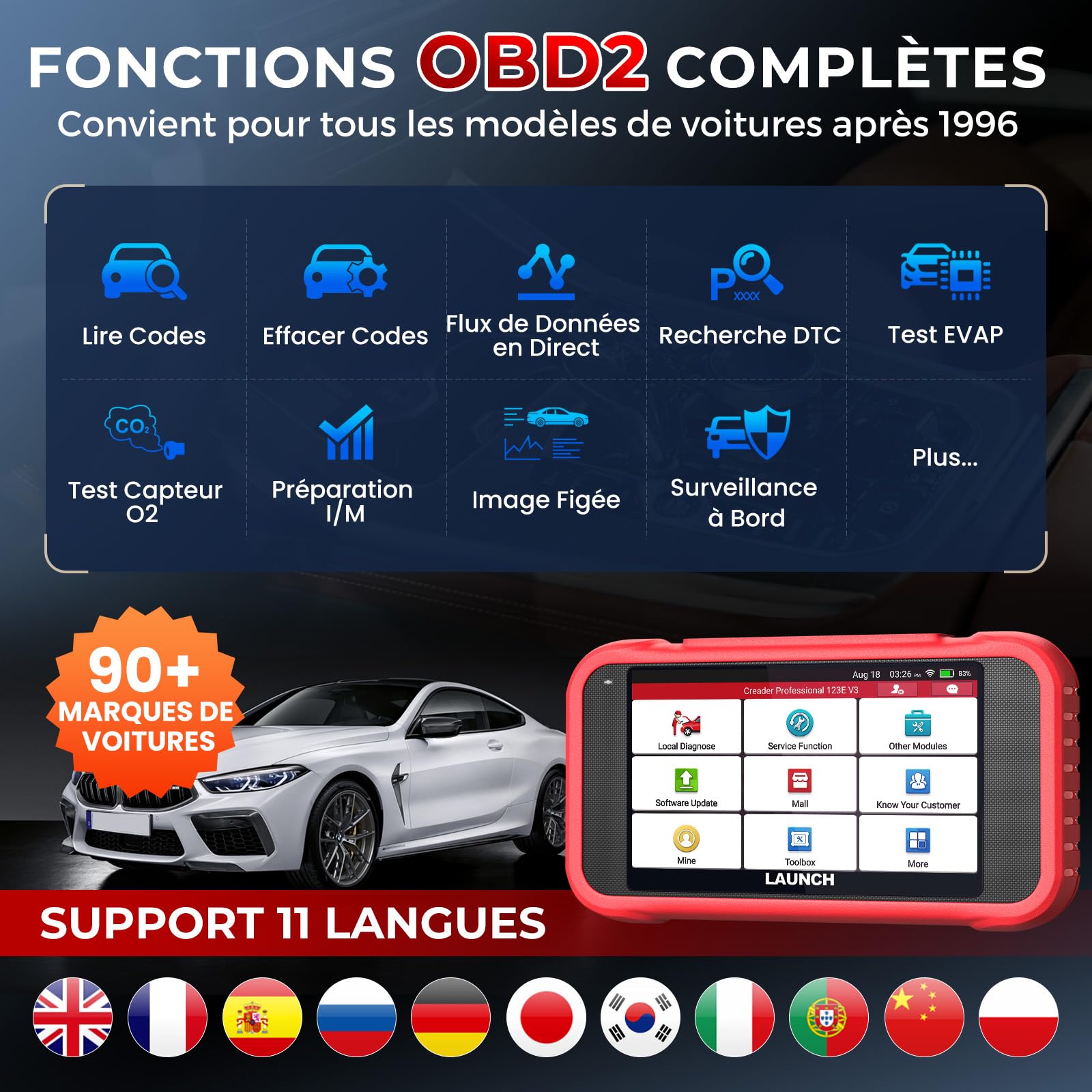 LAUNCH CRP123E V3.0 OBD2 Valise Diagnostic Auto français avec 4 Systèmes Moteur ABS SRS Transmission, 7 Reset Oil SAS EPB DPF Purge ABS BMS Accélérateur, Diagnostic Voiture, Can FD DOIP, MàJ WiFi