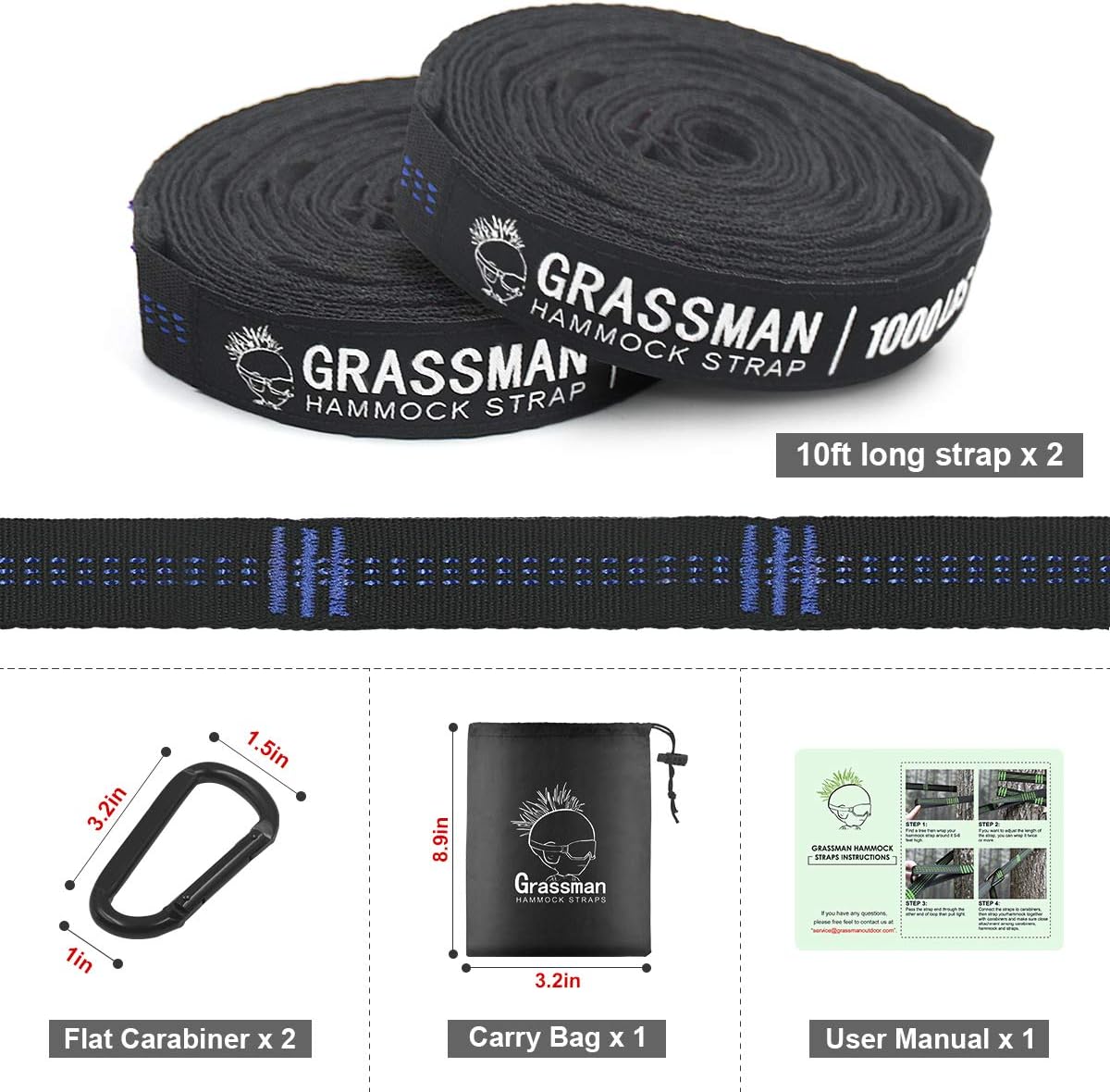 Grassman Hammock Straps, 10ft Long Hammock Strap Set 20+1 Loops, Rip-Resistant 1000lbs Capacity Tree Straps for Hammocks, Compact, Lightweight and Easy to Use : Patio, Lawn & Garden