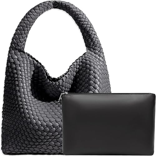 Women Vegan Leather Hand-Woven Tote Handbag Fashion Shoulder Top-handle Bag All-Match Underarm Bag with Purse