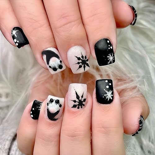 BFY Snowflake Press on Nails Short Square Christmas Fake Nail,