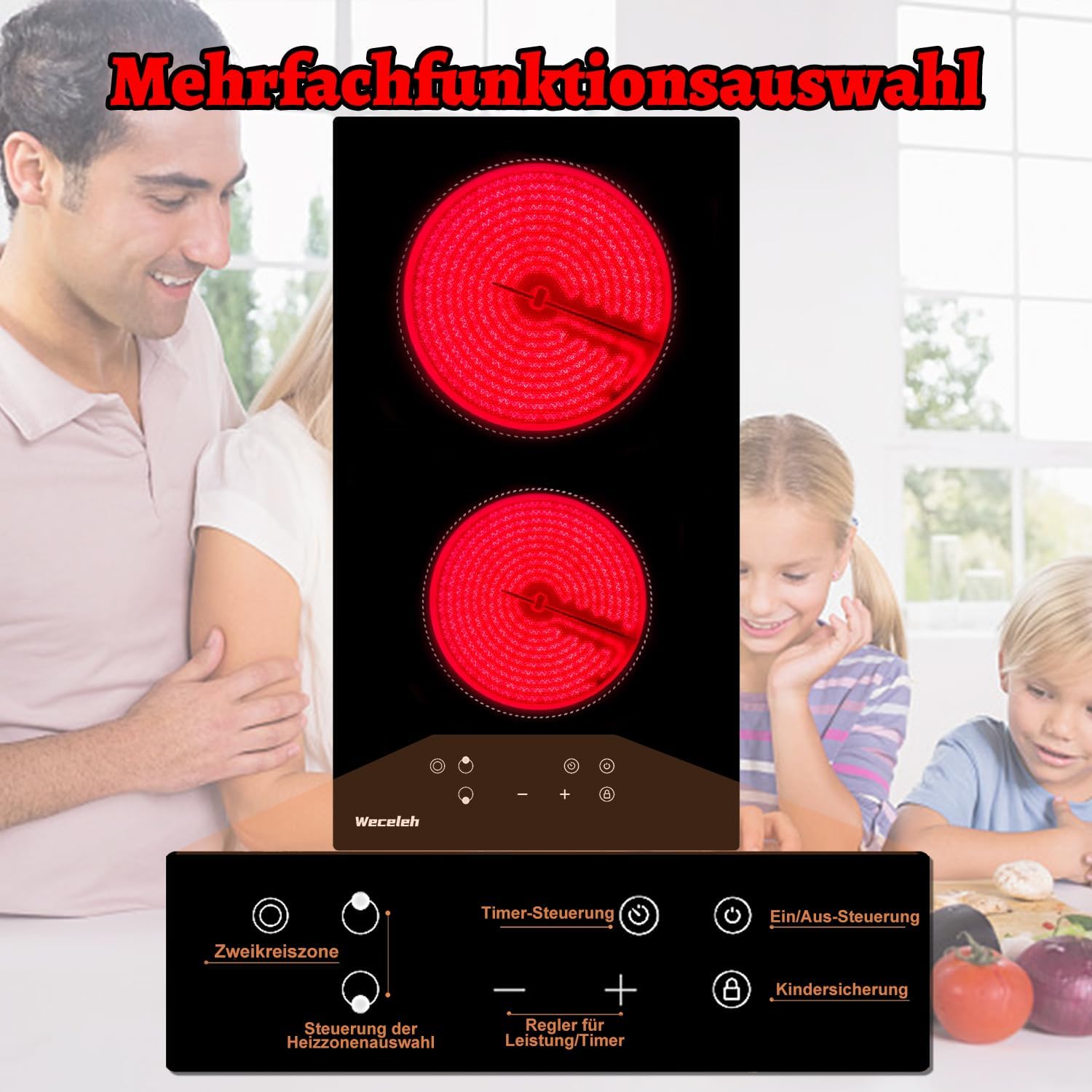Electric Cooktop Autarkes Glaskeramikkochfeld 2 Platten Einbau, Einbau 2 Kochfelder Herdplatte, Kochplatte mit Stecker 220v, 2 Zonen, 28 cm, 3200W, Schwarz