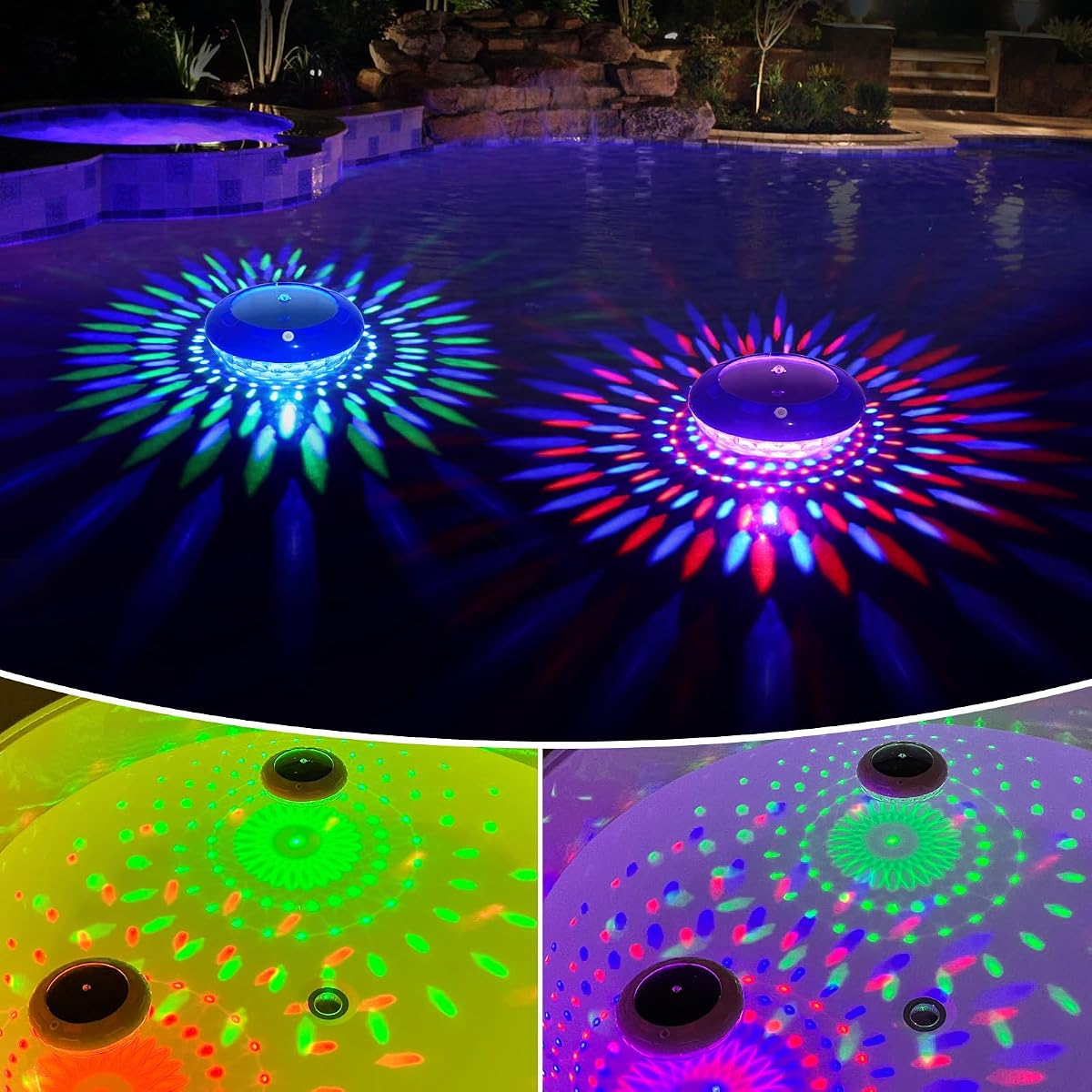FirstE Luces solares flotantes para piscina, luz flotante para piscina que cambia de color RGB, luces LED solares impermeables IP68 para piscina que flotan, encendido automático y apagado para piscinas sobre el suelo, decoración de bodas (2)