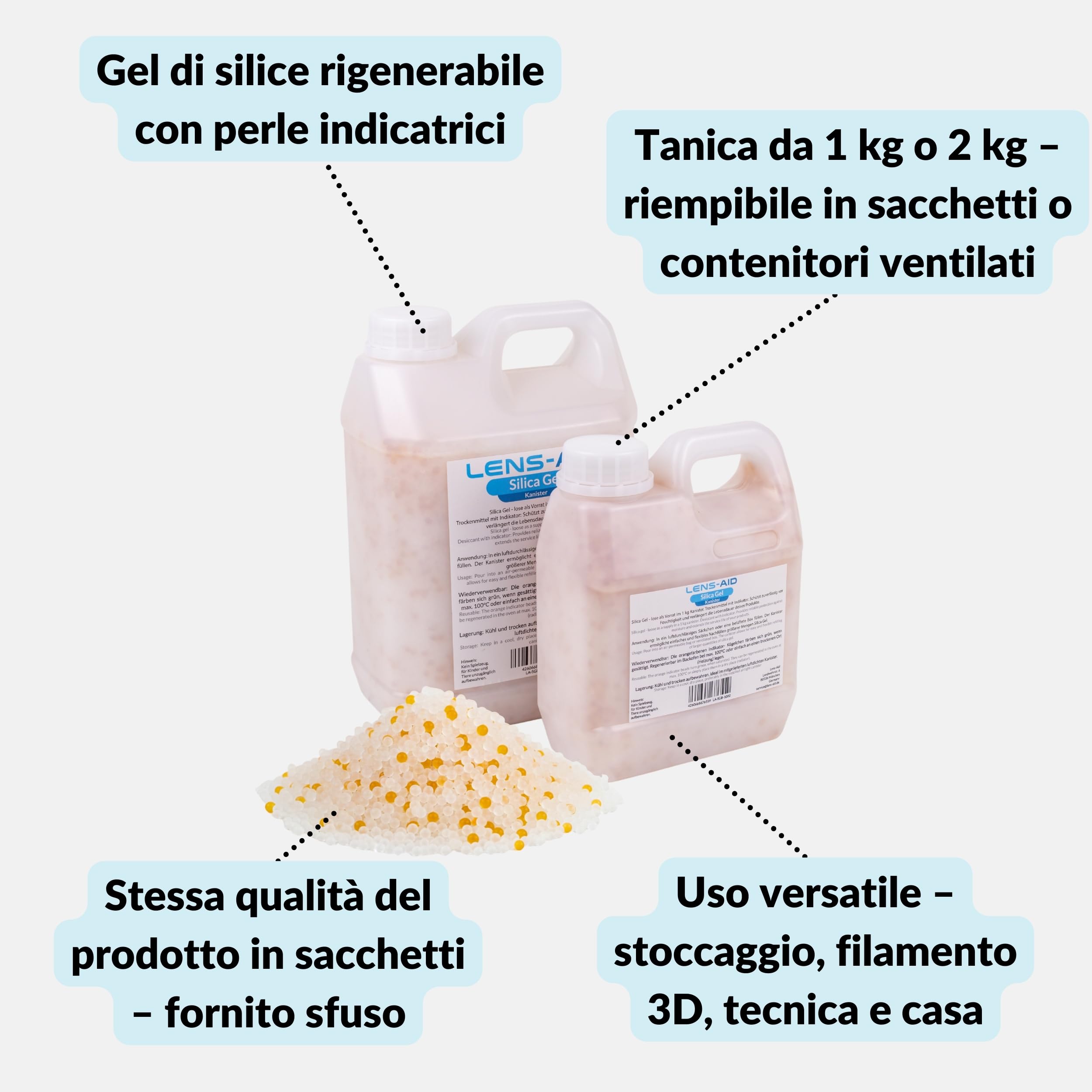 Lens-Aid gel di silice 2 kg contenitore perle essiccanti | Indicatore arancio-verde, perle grosse, dosaggio flessibile, rigenerabile in forno, filamento 3D