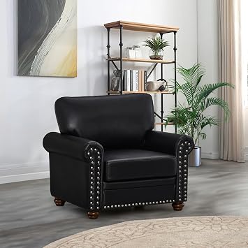 Faux Leather Accent Chair,35" W Upholstered Mid Century Modern Armchair with Rivet Rolled Arm,Deep Seat Comfy Single Sofa Chair for Living Room,Bedroom,Apartment,OfficeBlack