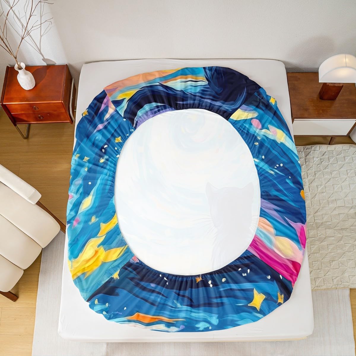 Oil Painting Style Cat Fitted Sheet Queen Size,Cute Cat Kitty Hand Drawn Style Bedding Set for Kids Teens Adults,Watercolor Gradient Sky Graffiti Dreamy Bed Cover with 2 Pillowcases(No Top Sheet)