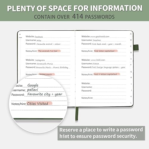 Vista 51 de Libro de contraseñas con pestañas alfabéticas, protector de contraseñas de tapa dura, organizador de cuadernos de contraseñas para computadora