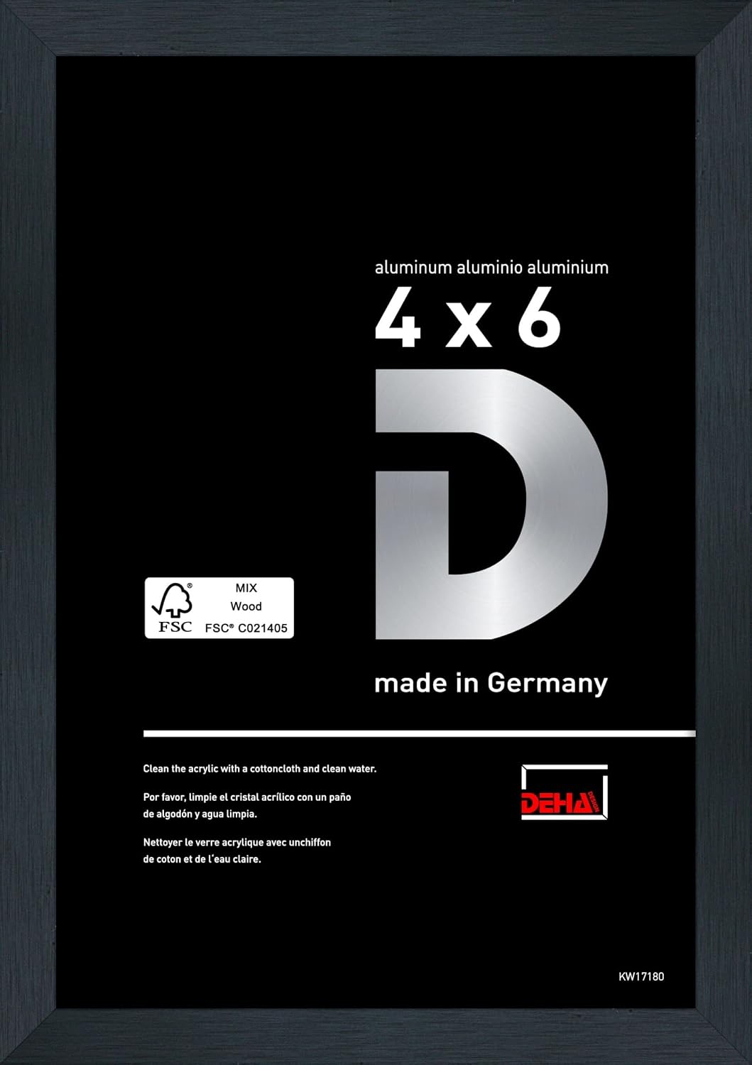 DEHA Design 4x6 Picture Frame Tribeca Black | aluminum metal with shatter resistant glass | horizontal and vertical format for wall or tabletop with back easel | especially for portrait and photo | MADE IN GERMANY