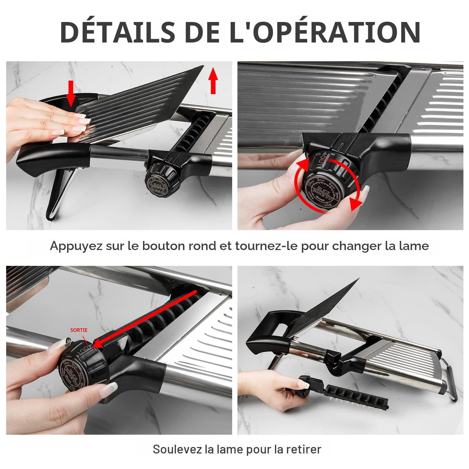 VEKAYA Mandoline Cuisine, Coupe Legumes Inox Professionnelle, Coupe Frites Manuel avec Protège Main et Gants de Sécurité, Mandoline Multifonctions avec Lames Réglable (Argent)