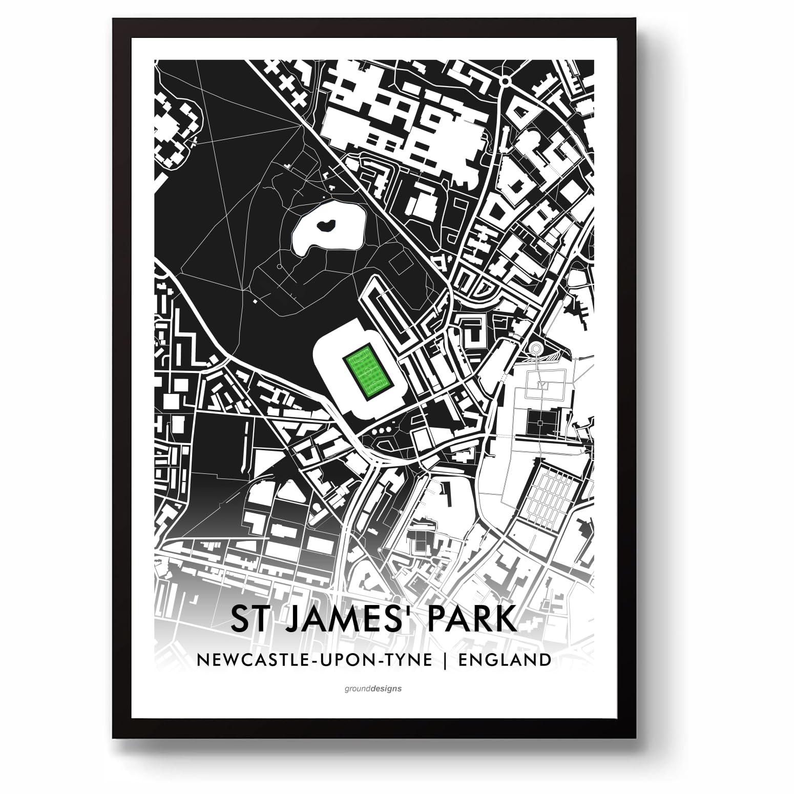 Grounddesigns Men's Black And White Newcastle United Football Gift St James' Park Stadium Art Unframed A3 Print Map Nufc