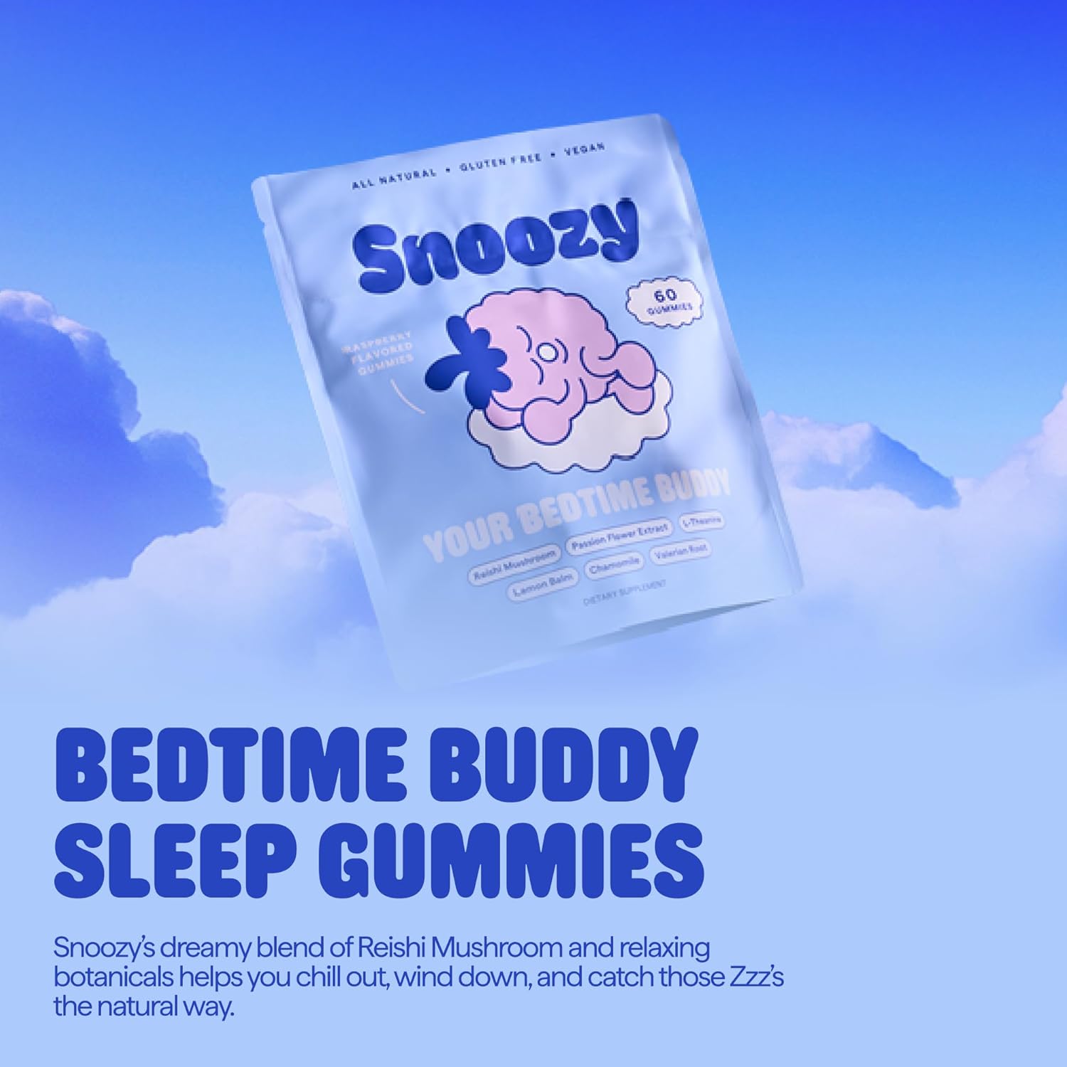 Snoozy Bedtime Buddy, Reishi Mushroom Sleep Gummies | Chamomile, Valerian Root, Lemon Balm Extract | Natural Sleep Aid, Melatonin Free | Raspberry Flavored, 60 Gummies, 1 Pack - Image 2