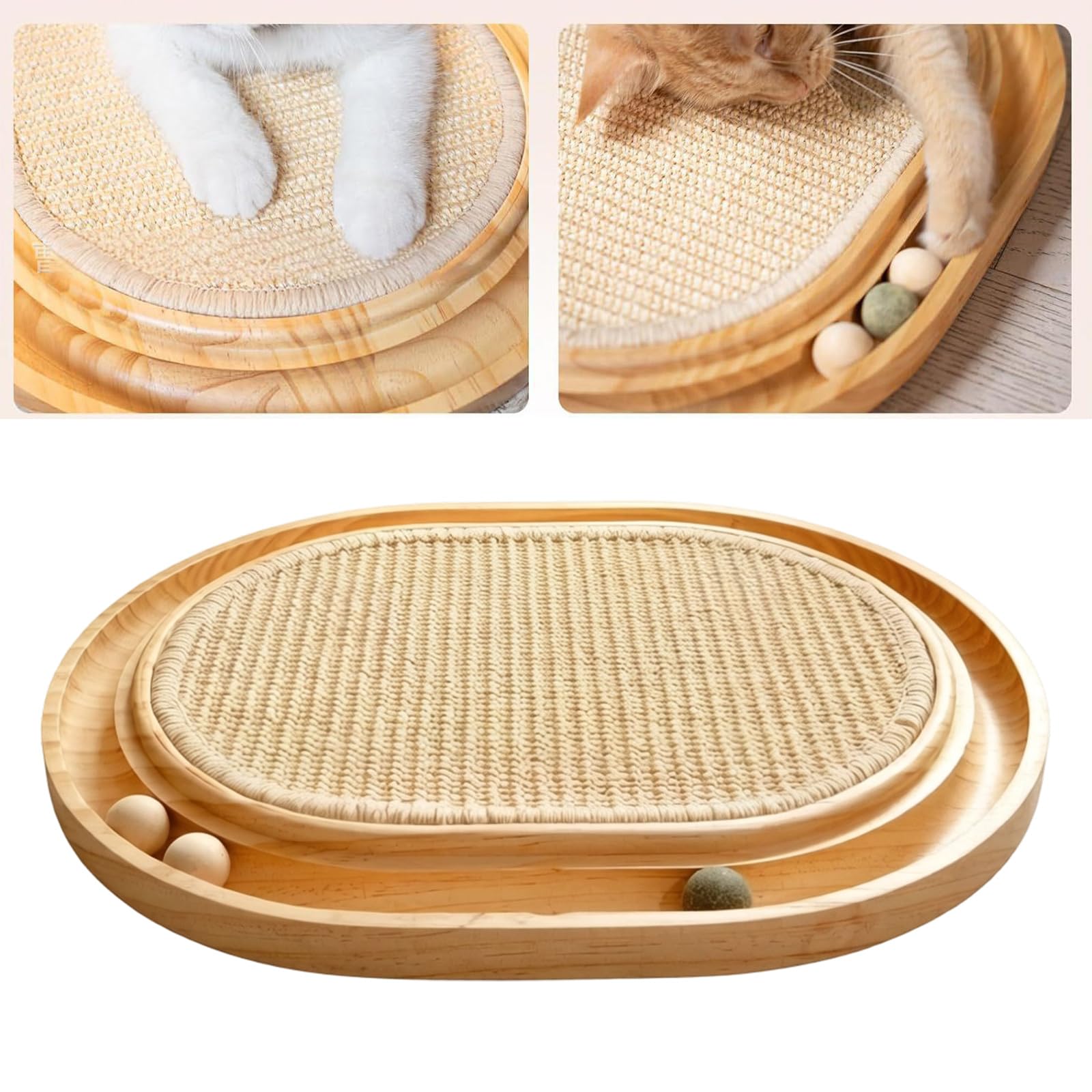 Modernes Kratzbrett für Katzen aus Holz mit Aktivitätspfad und 5 bunten Kugeln für aktive Katzen Innenbereich, Kratzspielzeug aus Holz