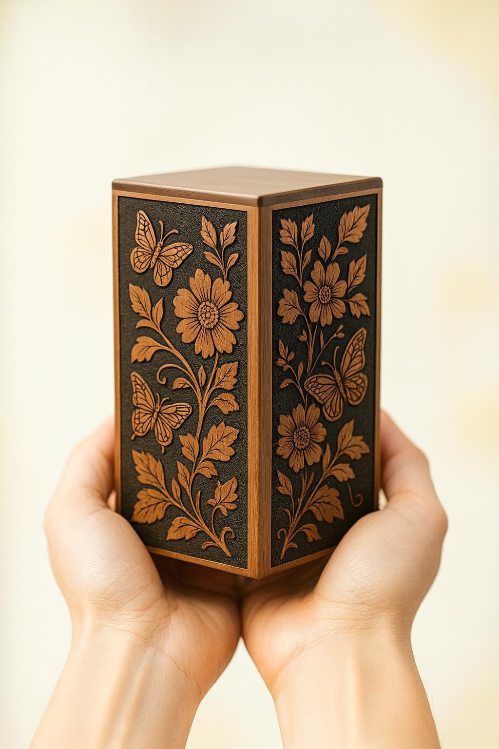 Docco Impex Handcrafted Rosewood Urn for Human Ashes - Wooden Cremation Box for Adult, Dog & Pet - Memorial Keepsake with Floral Butterfly Carving & Secure Sliding Bottom (Keepsake (20lbs or 9kg))