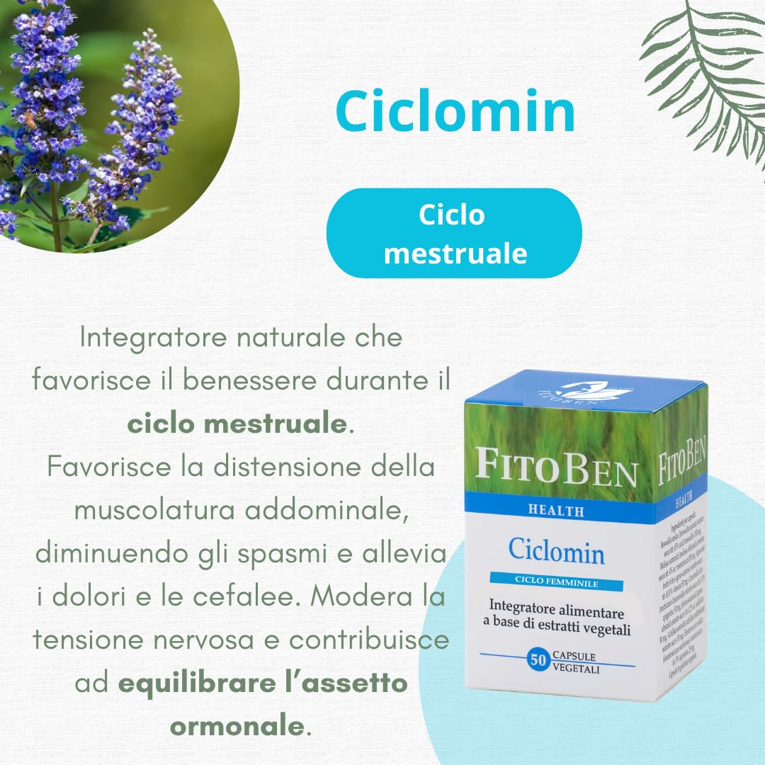 Fitoben | Ciclomin Integratore Naturale per Favorire il Benessere durante il Ciclo Mestruale con Agnocasto, Melissa, Boswellia e Camomilla, 50 Capsule Vegetali