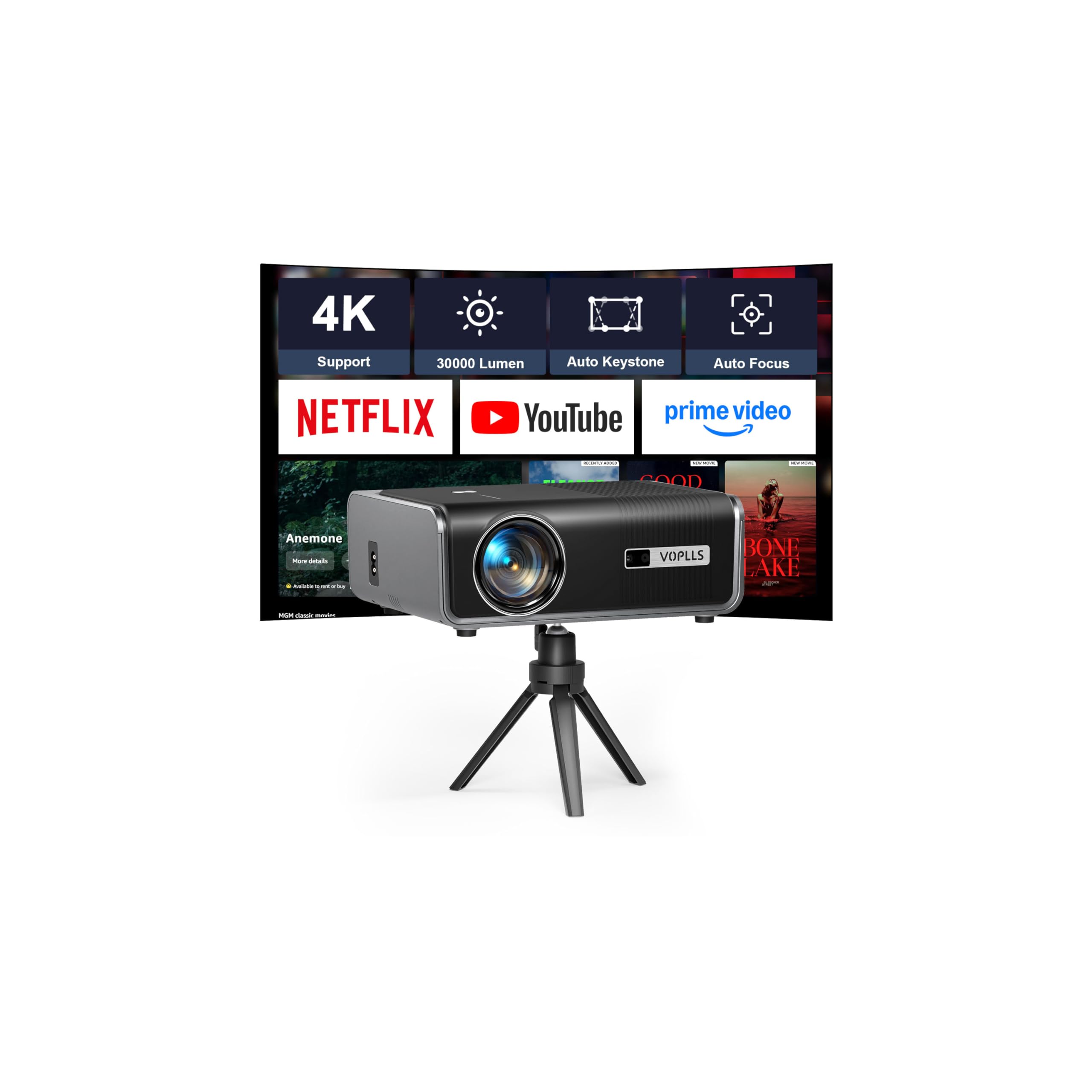 Smart Beamer【Netflix-Fähig & Autofokus/Keystone 】 Full HD 1080P 30000 Lumen Beamer 4K Unterstützung, VOPLLS WIFI6 Bluetooth Heimkino Video/Outdoor Projektor