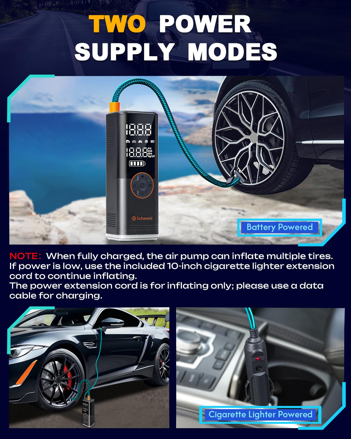 Sehawei Y11 Gonfleur Pneus Voiture,Compresseur à Air Portatif 150PSI avec écran LCD Numérique, 20000mAh Pompe a Velo Electrique pour SUV, Voiture, Moto, vélo, Balle