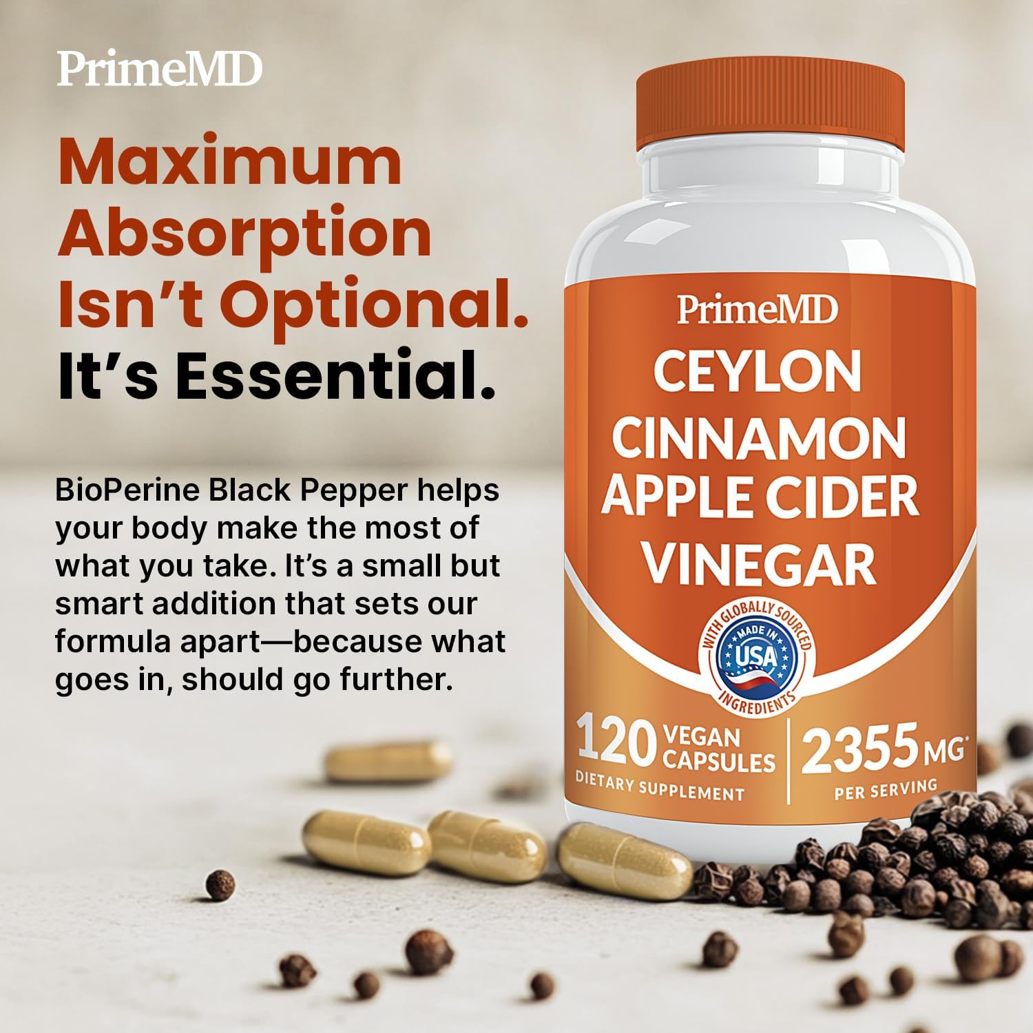 5-in-1 Ceylon Cinnamon Capsules 2355mg - Ceylon Cinnamon and Apple Cider Vinegar with Turmeric, Panax Ginseng, Cinnamon, and Bioperine, 120 ct - Image 4