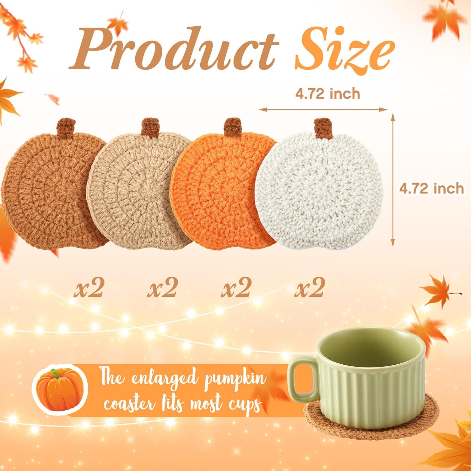 Hushee 8 Pcs Fall Coasters Crochet Thanksgiving Pumpkin Coaster 4.72inch Orange Home Decor Handmade Woven Pumpkin Drink Cup Pad Mats for Autumn Harvest Thanksgiving Kitchen Table Party Decor Gifts