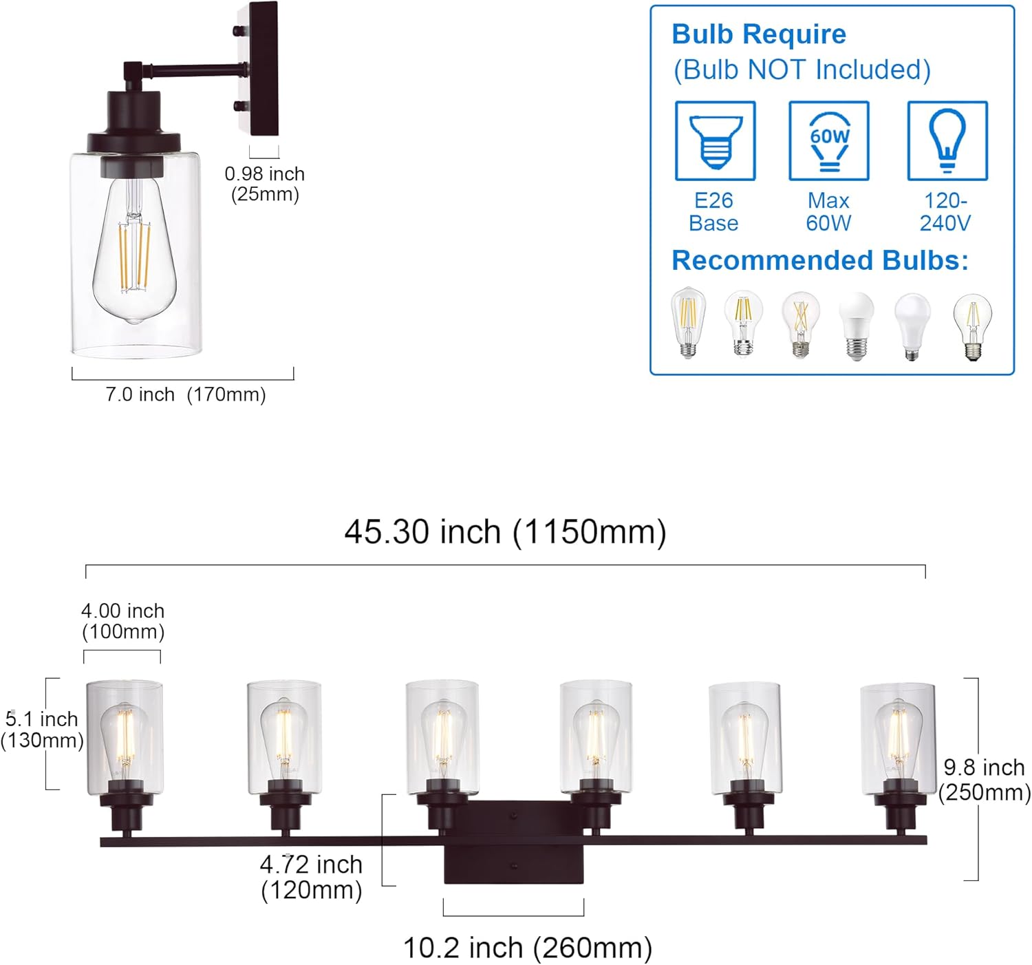 MELUCEE 6-Light Bathroom Vanity Light Fixture Vintage Industrial Oil Rubbed Bronze Wall Sconce Lighting with Clear Glass Shade for Living Room Bedroom Kitchen (Patent No.: US D963914 S)