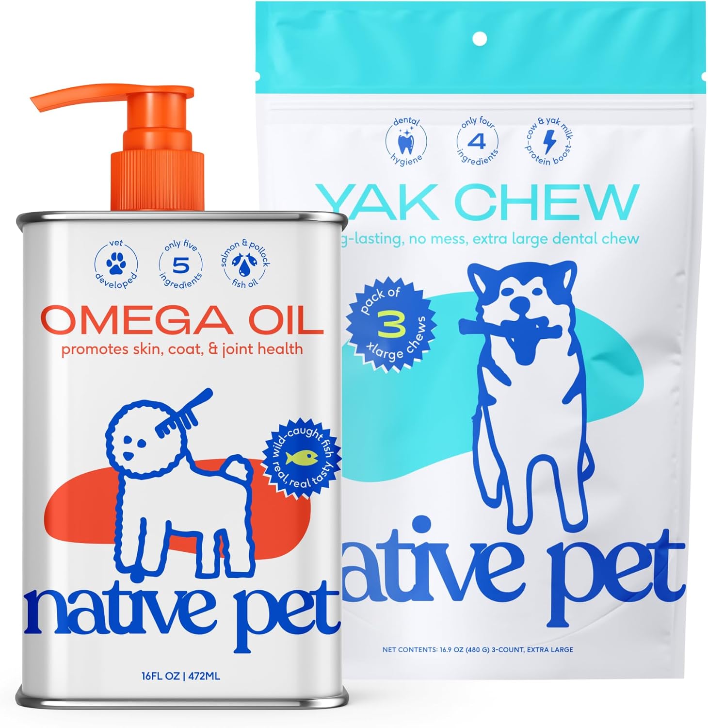 Native Pet Yak Chews & Omega Oil for Dogs - Dog Fish Oil Supplements - Pasture-Raised and Organic Yak Cheese Himalayan Churpi Chews - Omega 3 Supplement 16 Oz. & 3 Extra Large Yak Chews