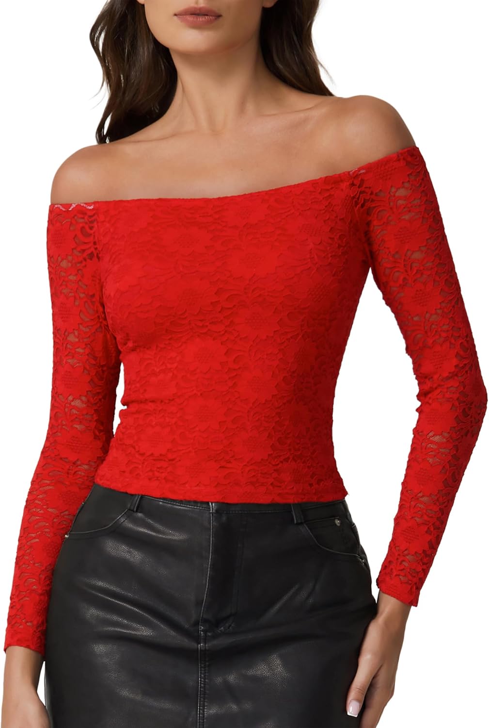 QINSEN Womens Lace Trim Off Shouder Top Long Sleeve Double Lined Y2k Trendy T Shirts