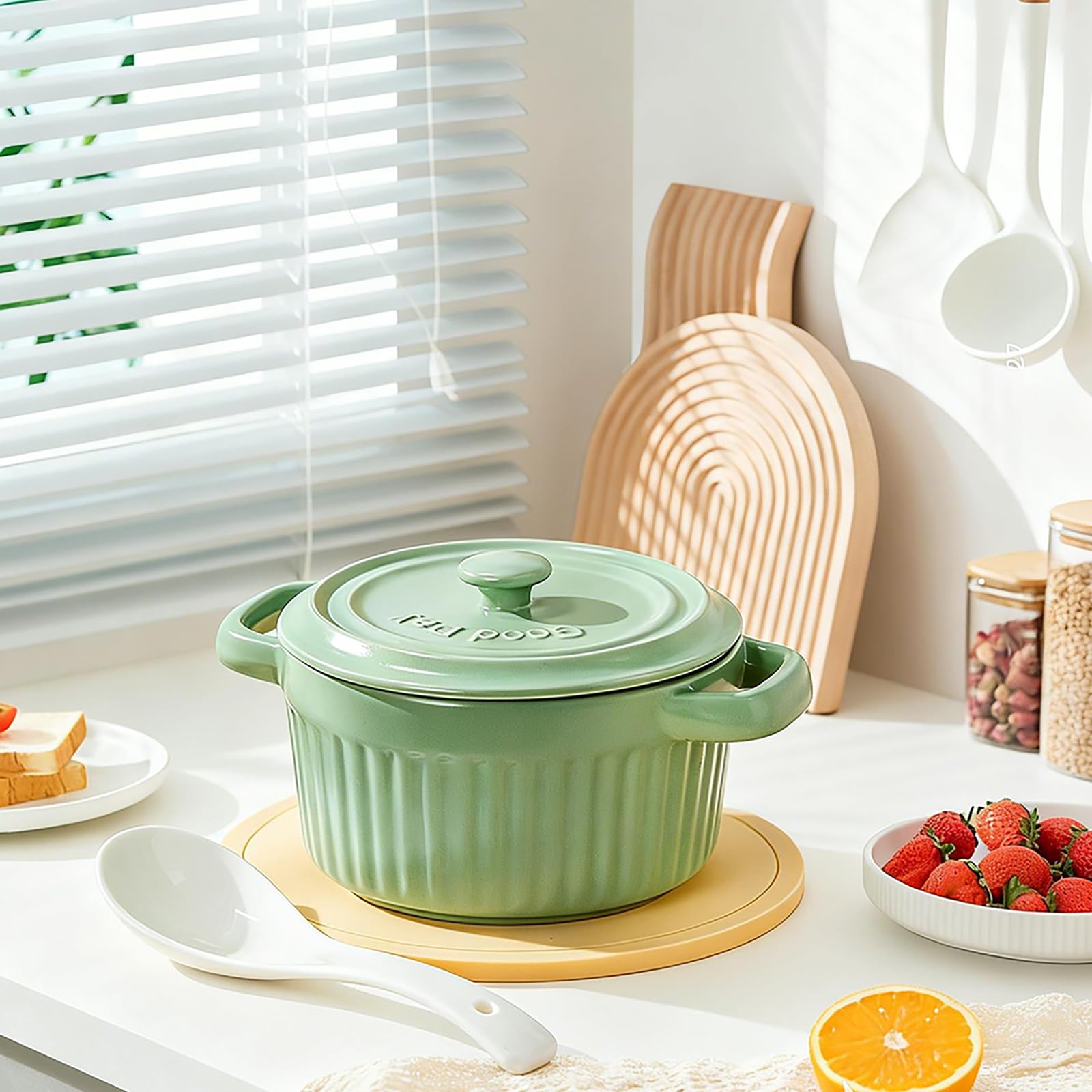 Mini Cocotte with Lid, 400 ml, Round Casserole Dish, Small, Ceramic Casserole Dishes with Handles for Lasagne, Soufflé, Vegetables, Creme Brulée, for Hot Air Fryer, Oven, Microwave Oven, Green