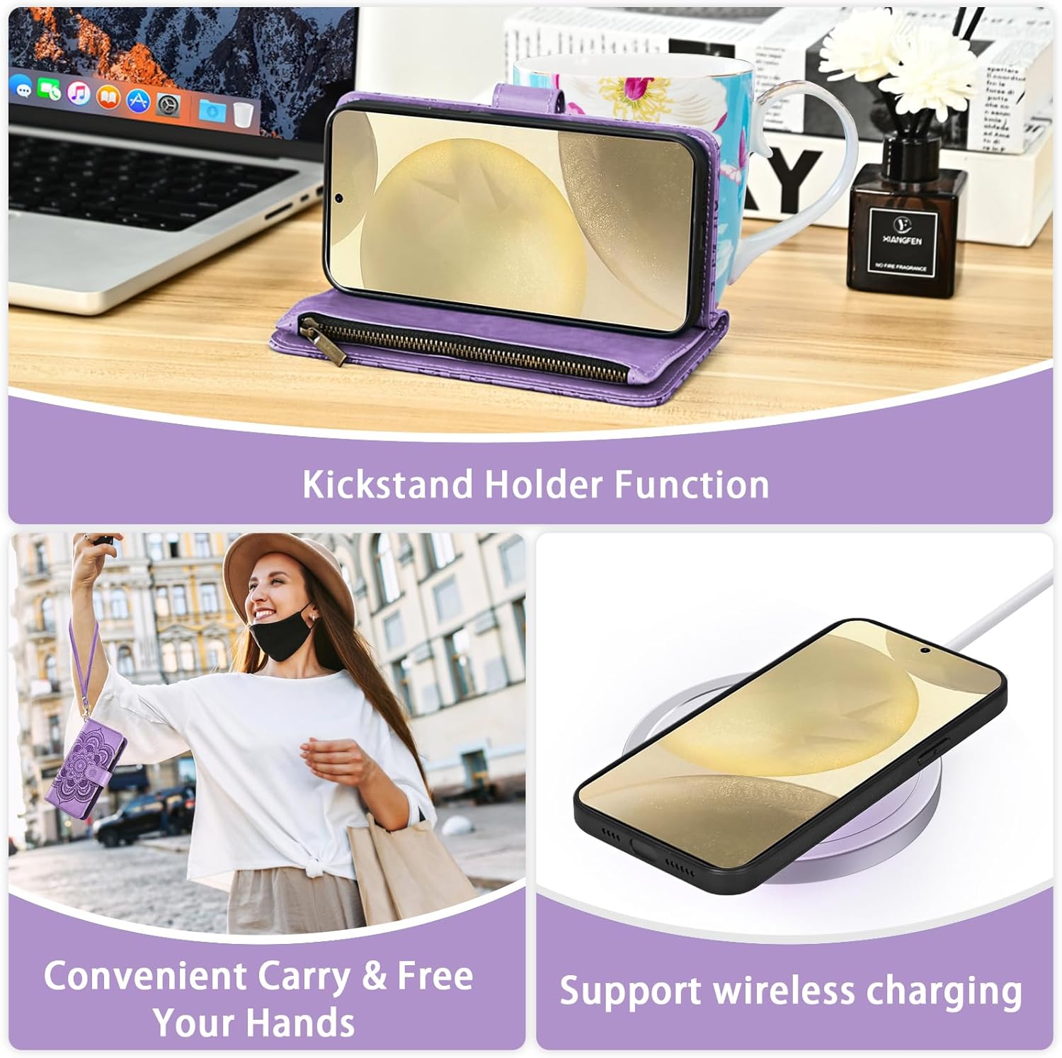 Asuwish Phone Case for Samsung Galaxy S24 5G Zipper Wallet Detachable Cell Cover with Tempered Glass Screen Protector Crossbody Strap Flower Flip Card Holder Slot S 24 24S G5 Women Men Girls Purple
