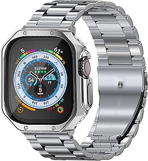 iTecFree for Apple Watch Metal Band with Case 45mm 44mm 42mm,Stainless Steel Bands Metal Chain Bracelet Wrist Strap and TPU Soft Case for iWatch SE Series 8 7 6 5 4 3 2 1 (42mm/44mm/45mm, Silver)