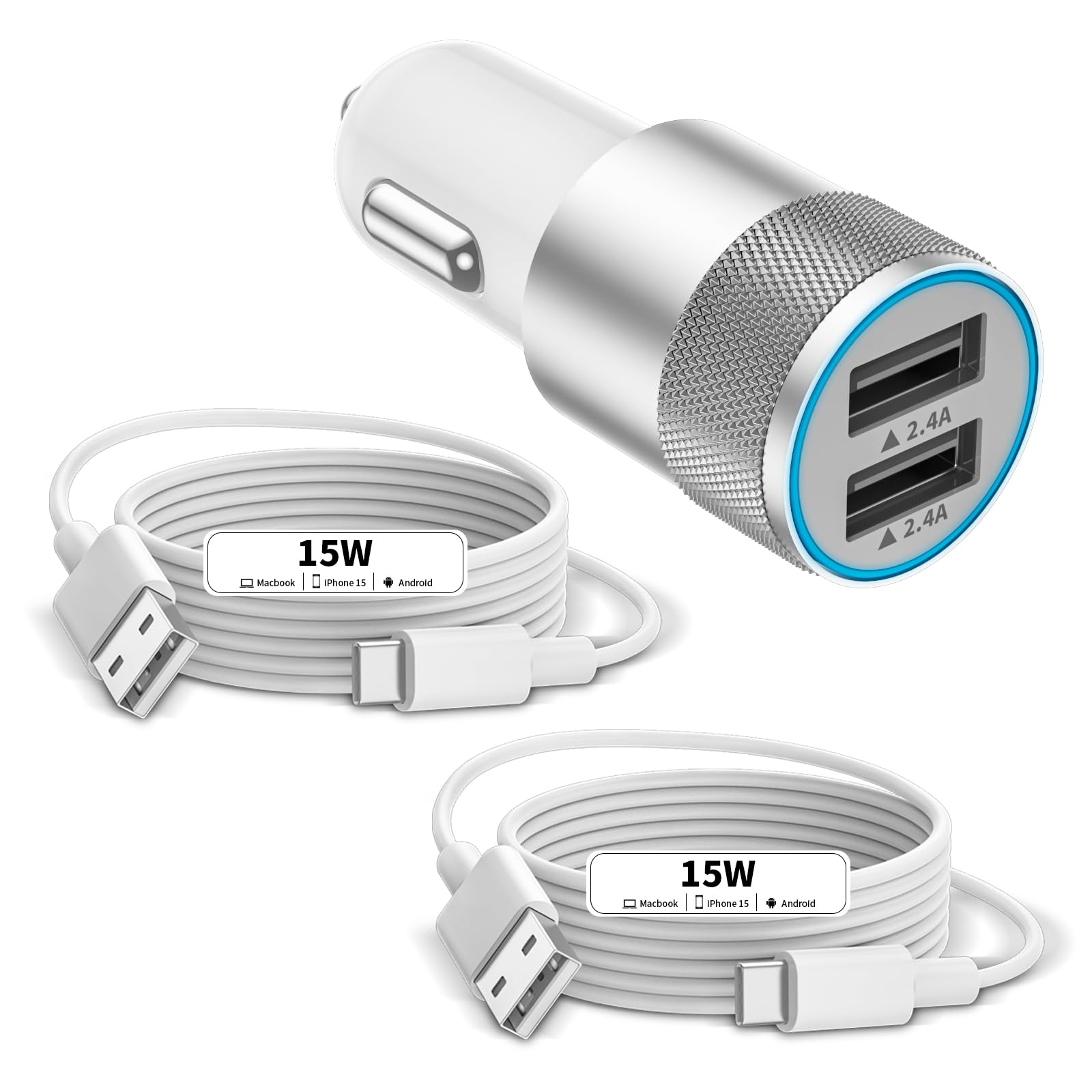 iPhone 15 Car Charger, 24W 2-Port Fast USB Car Charger Power Cigarette Lighter Adapter with 2-Pack 3FT USB to C Cable for ...